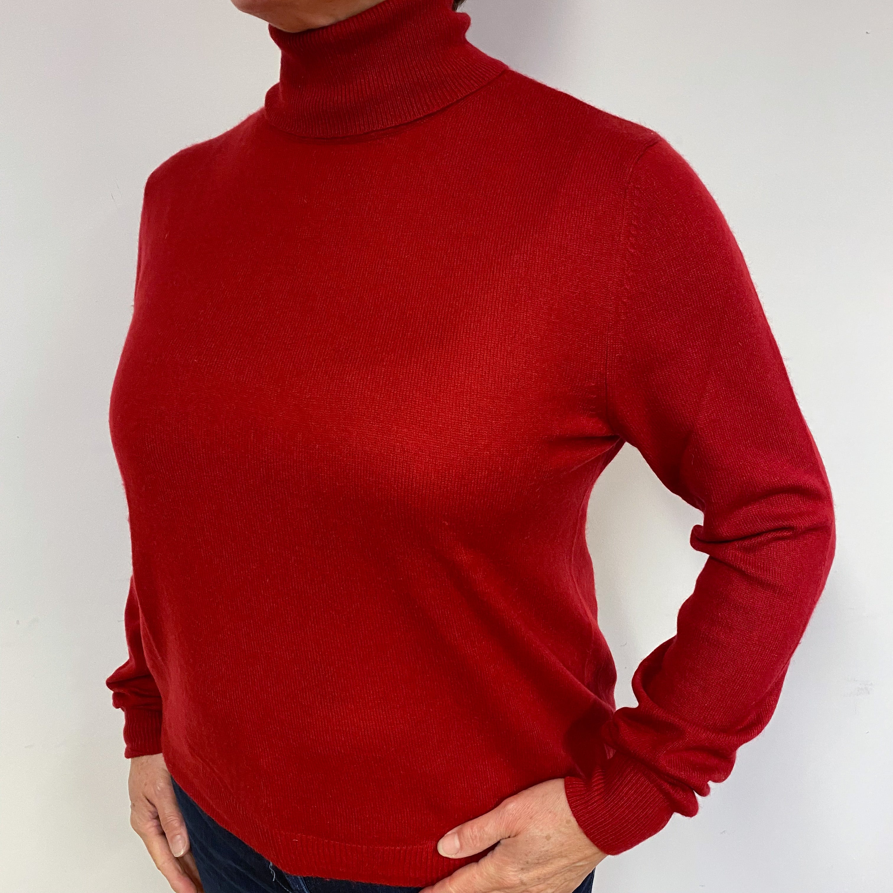 Crimson Red Cashmere Polo Neck Jumper Large