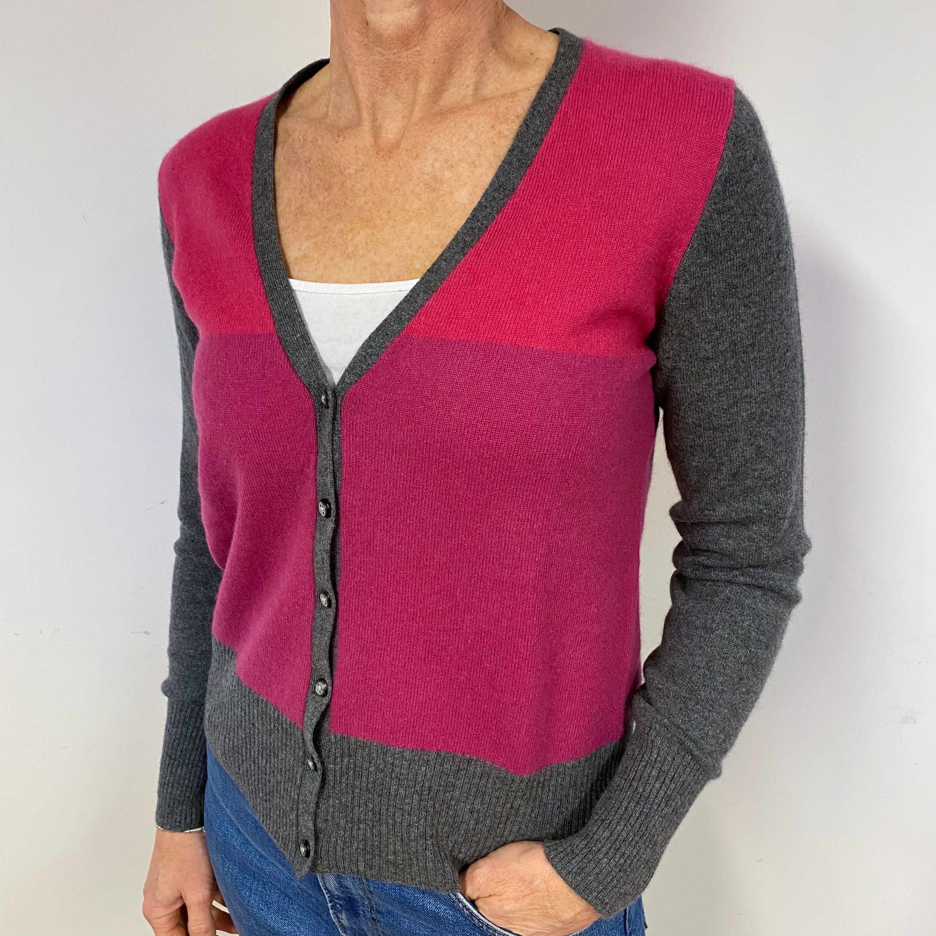 Pink and Grey Cashmere V-Neck Cardigan Medium