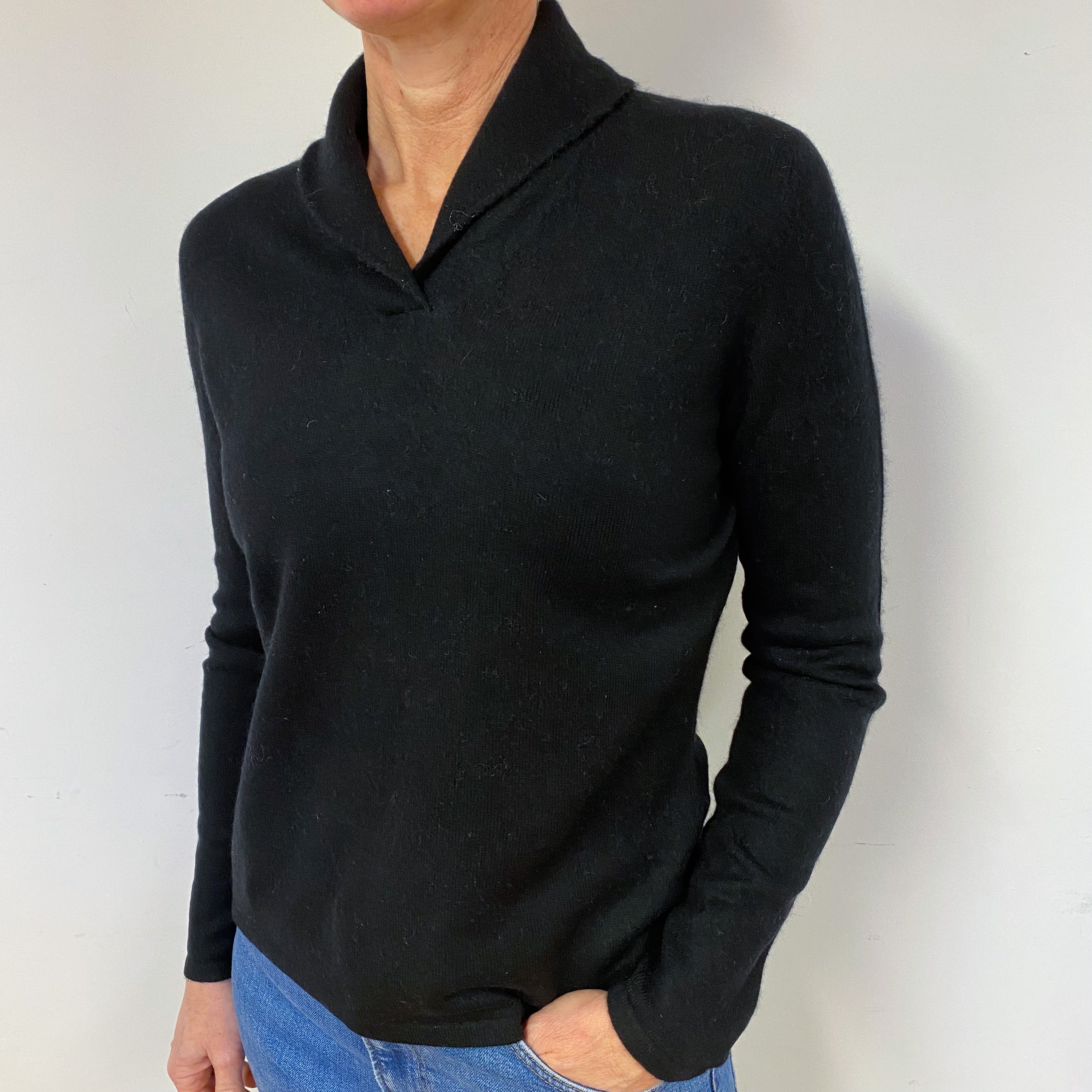 Black Shawl Collar Cashmere V-Neck Jumper Medium