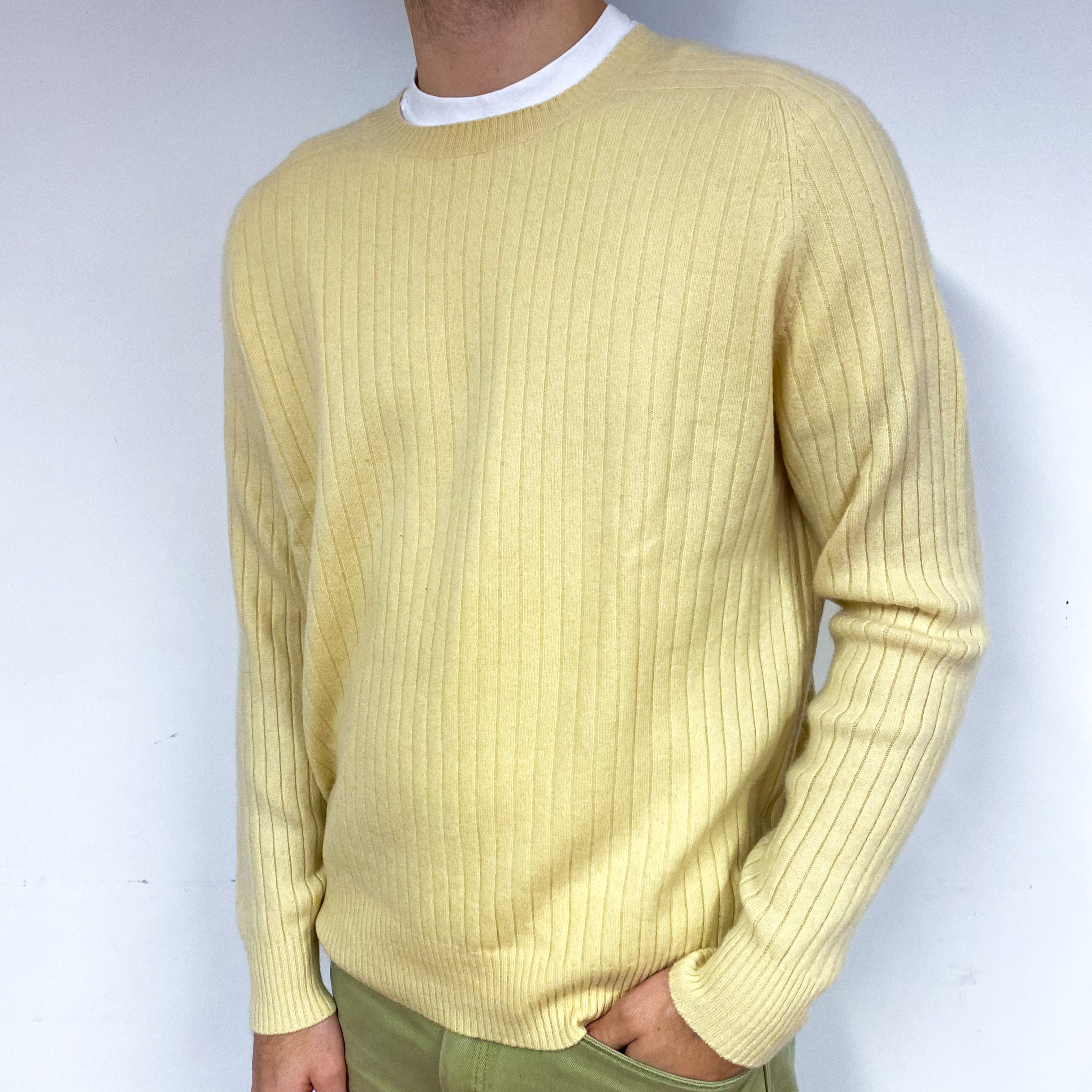 Men's Pale Yellow Ribbed Cashmere Crew Neck Jumper Large