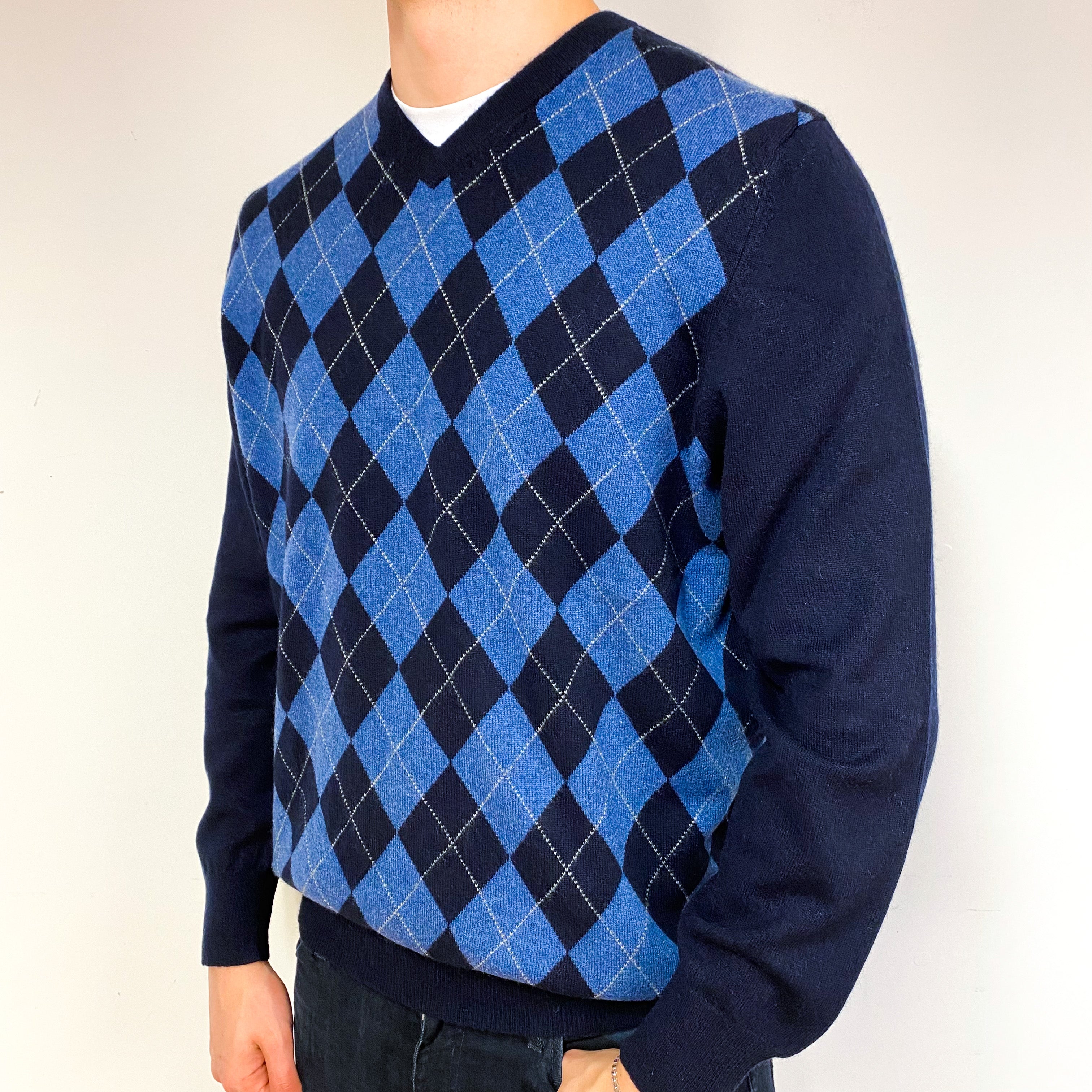 Men's Navy Blue Diamond Cashmere V-Neck Jumper Extra Large