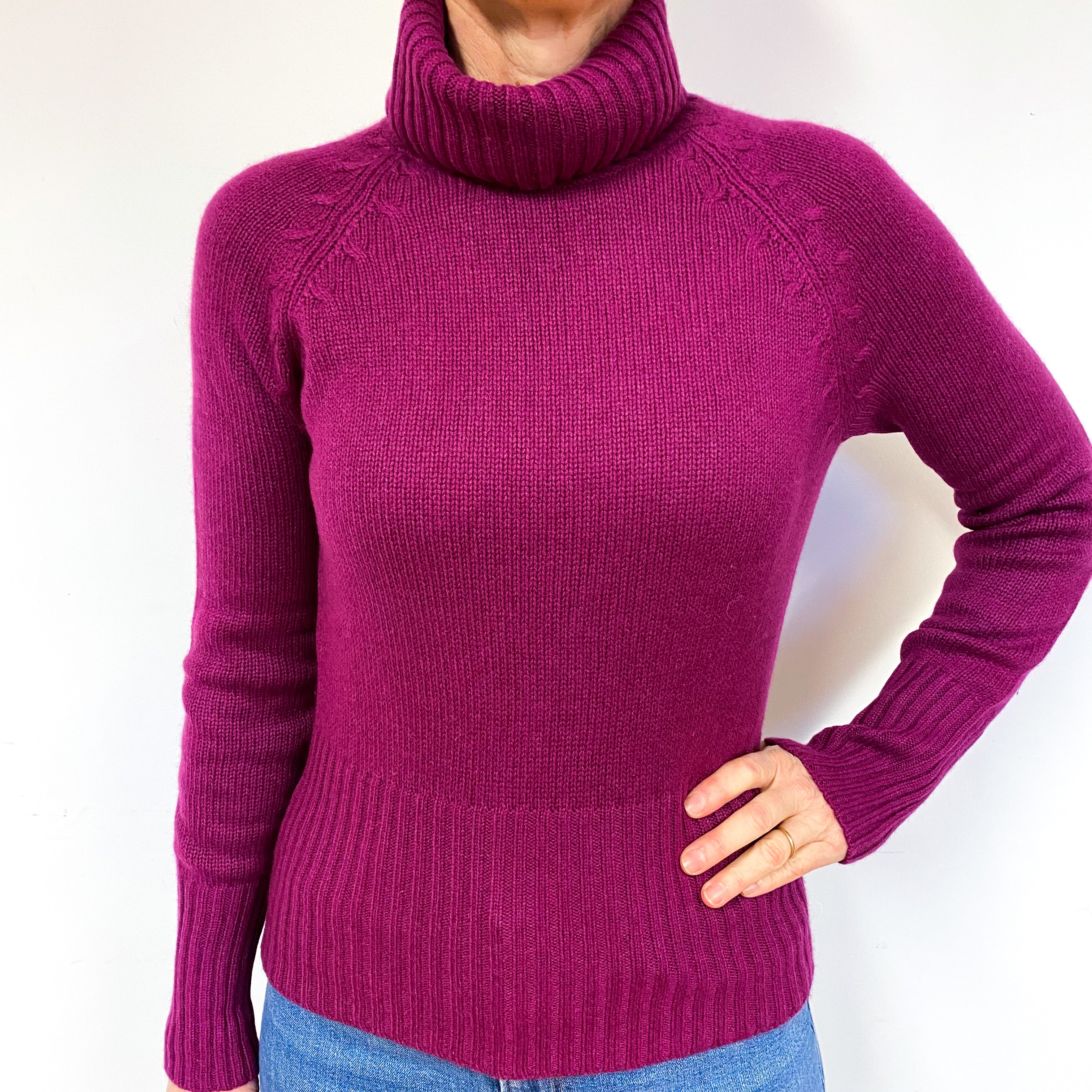 Magenta Purple Heavy Cashmere Polo Neck Jumper Medium