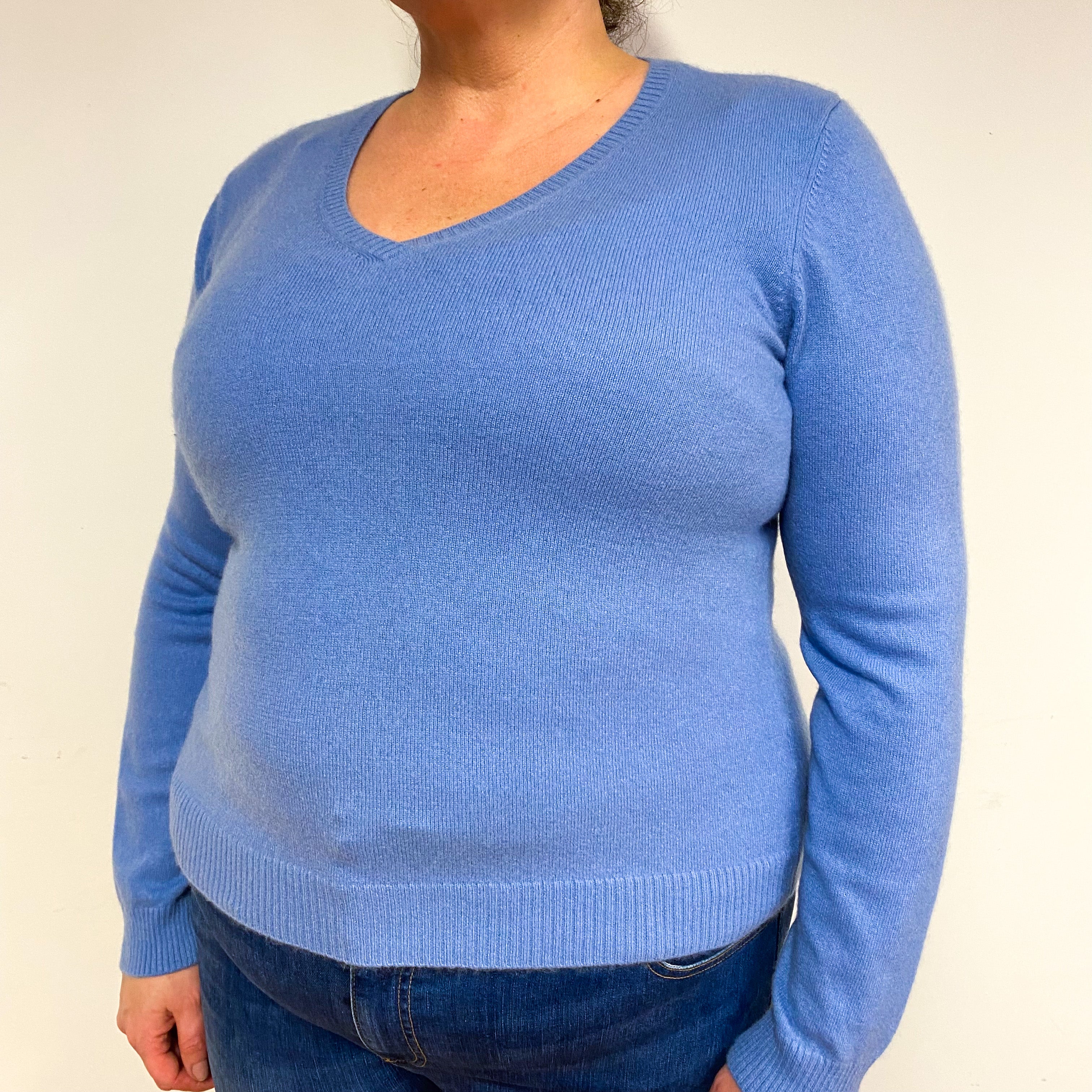 Cornflower Blue Cashmere V-Neck Jumper Extra Large