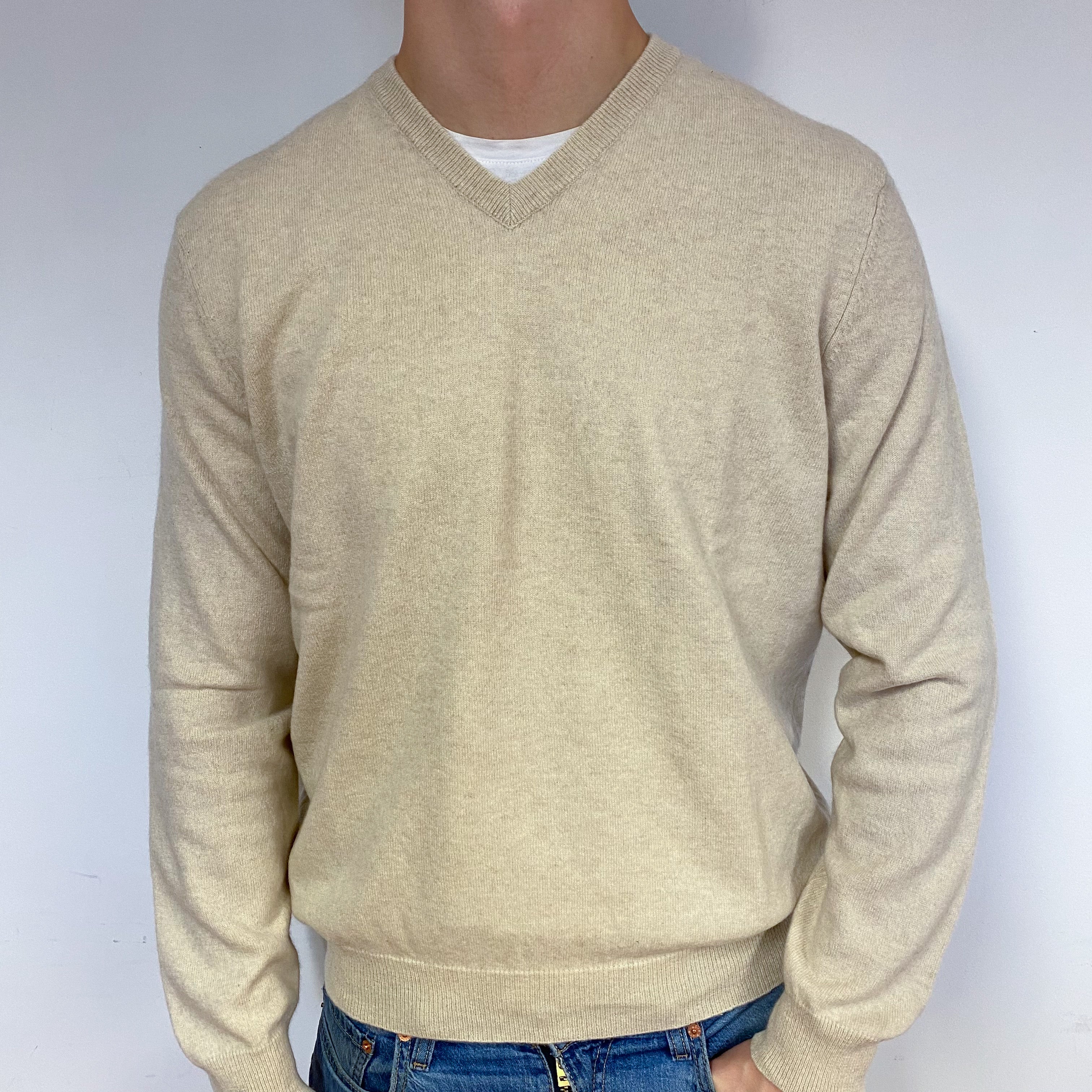 Men's Oatmeal Cashmere V-Neck Jumper Extra Large