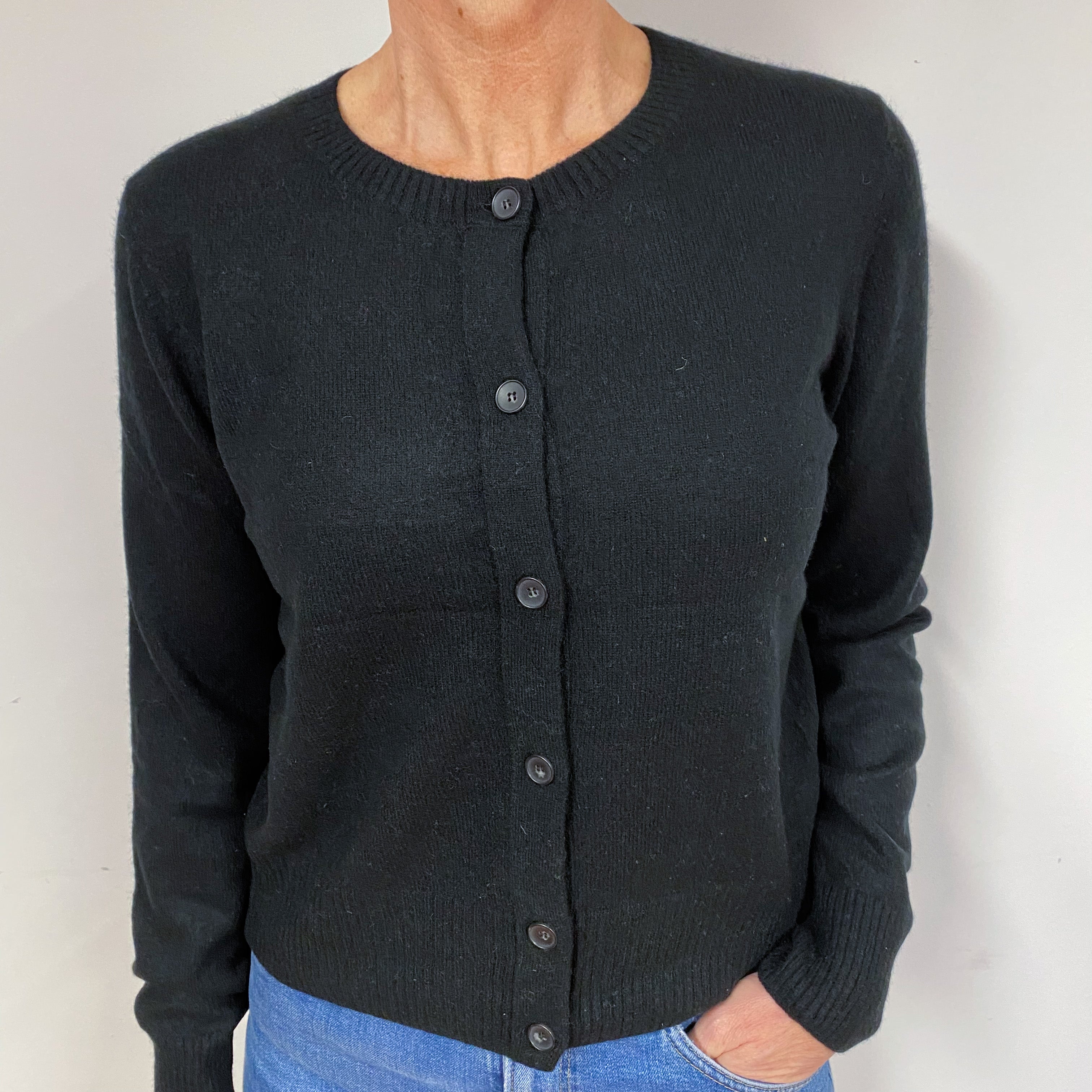 Black Cashmere Crew Neck Cardigan Medium