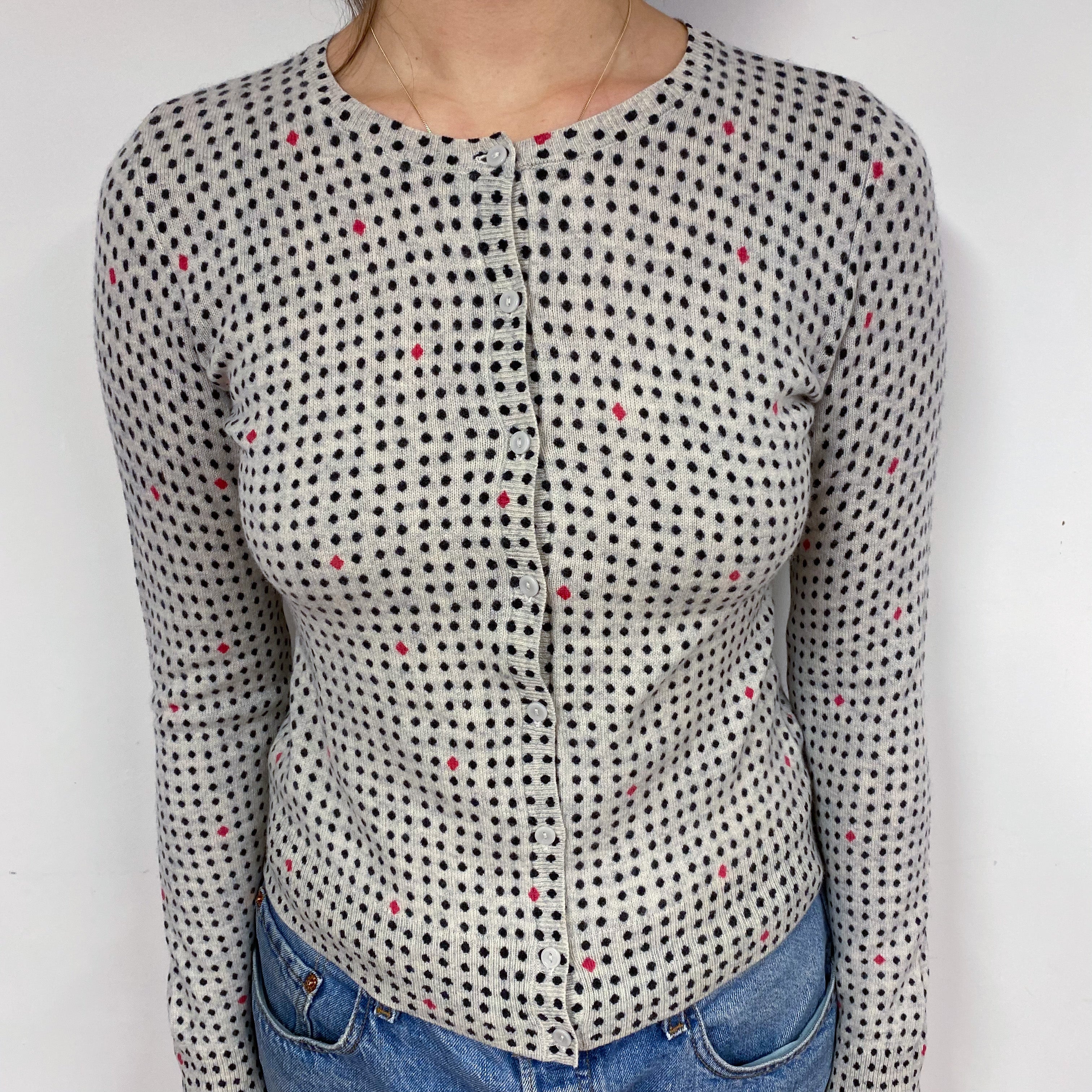 Smoke Grey Dotty Cashmere Crew Neck Cardigan Small