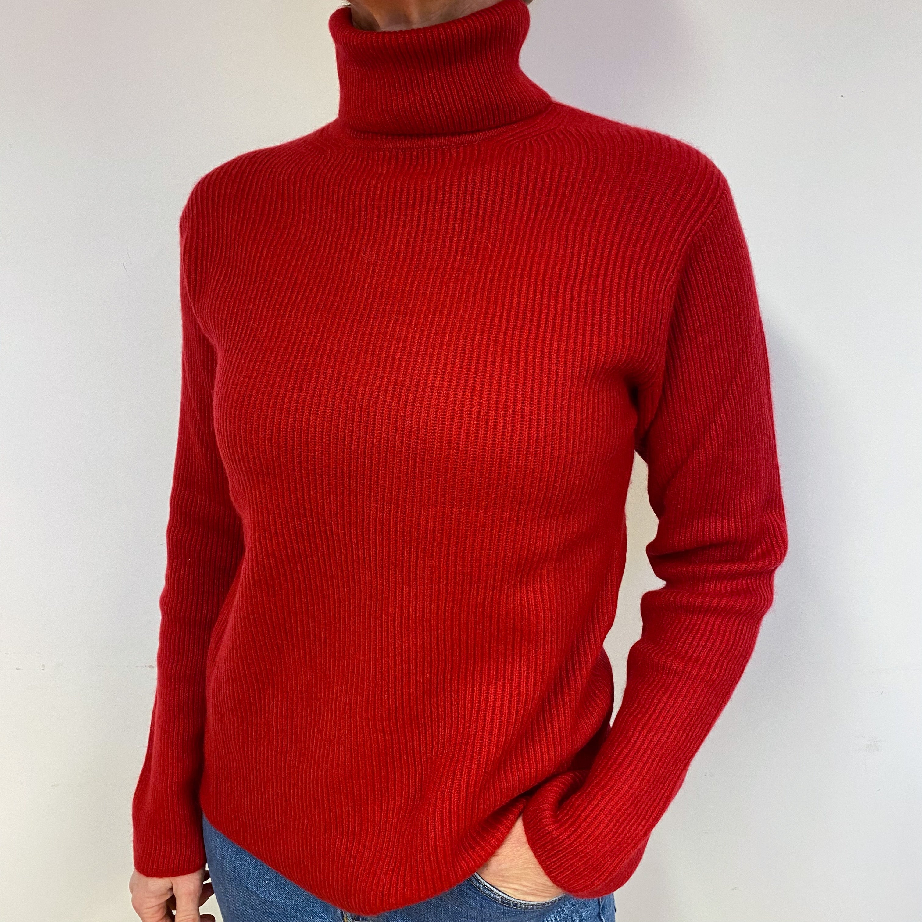 Red Ribbed Cashmere Polo Neck Jumper Medium