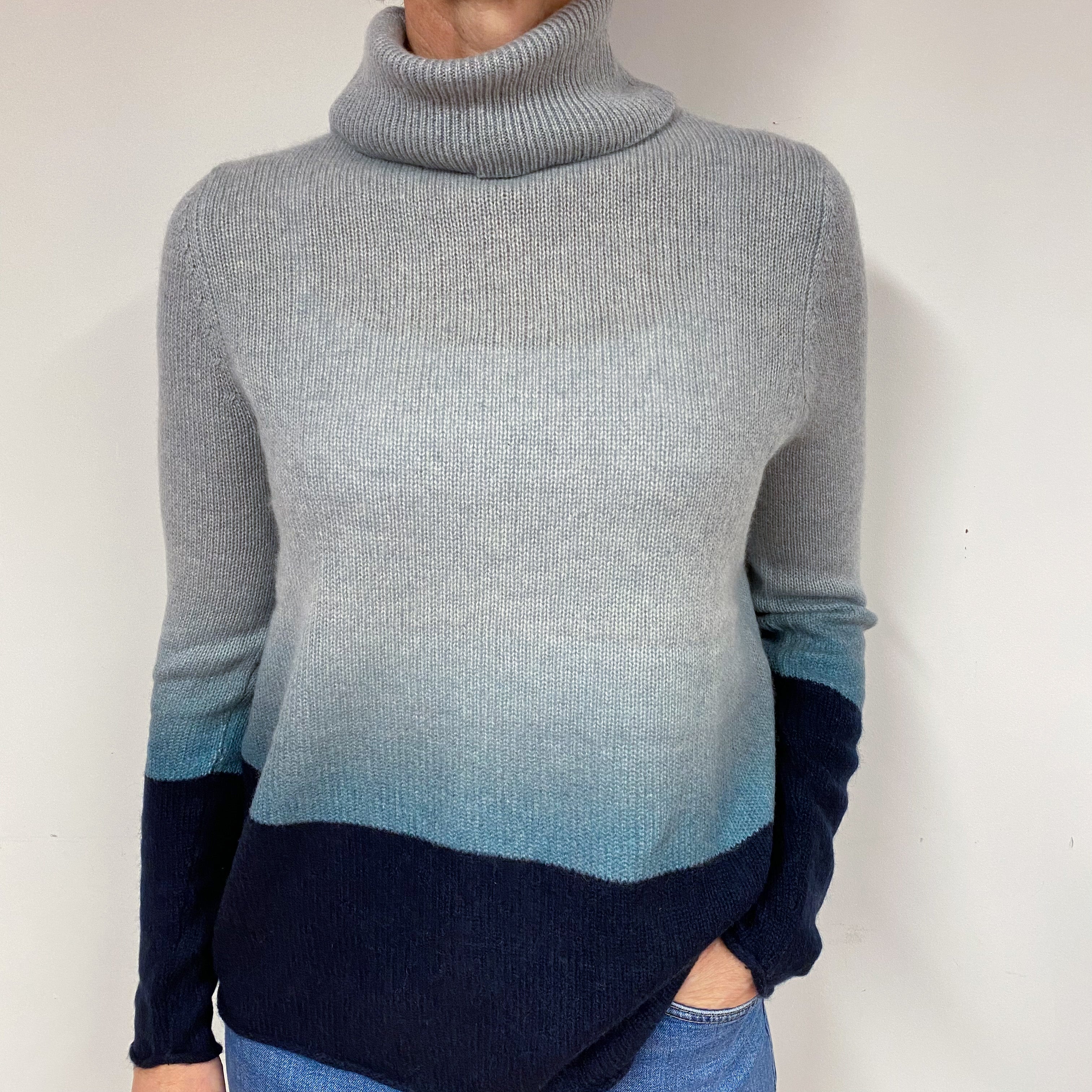 Grey Blue Ombre Cashmere Polo Neck Jumper Medium