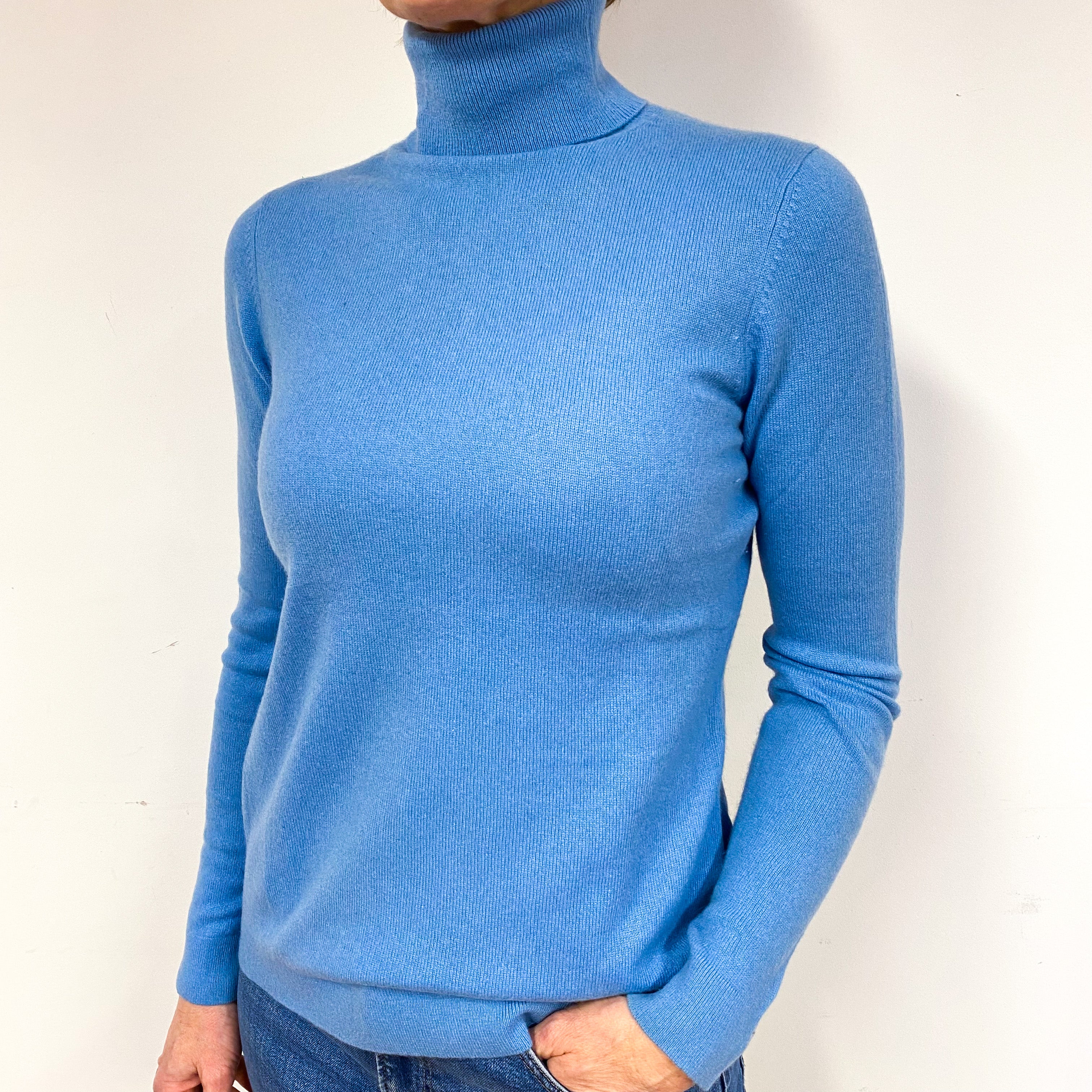 Cornflower Blue Cashmere Polo Neck Jumper Medium