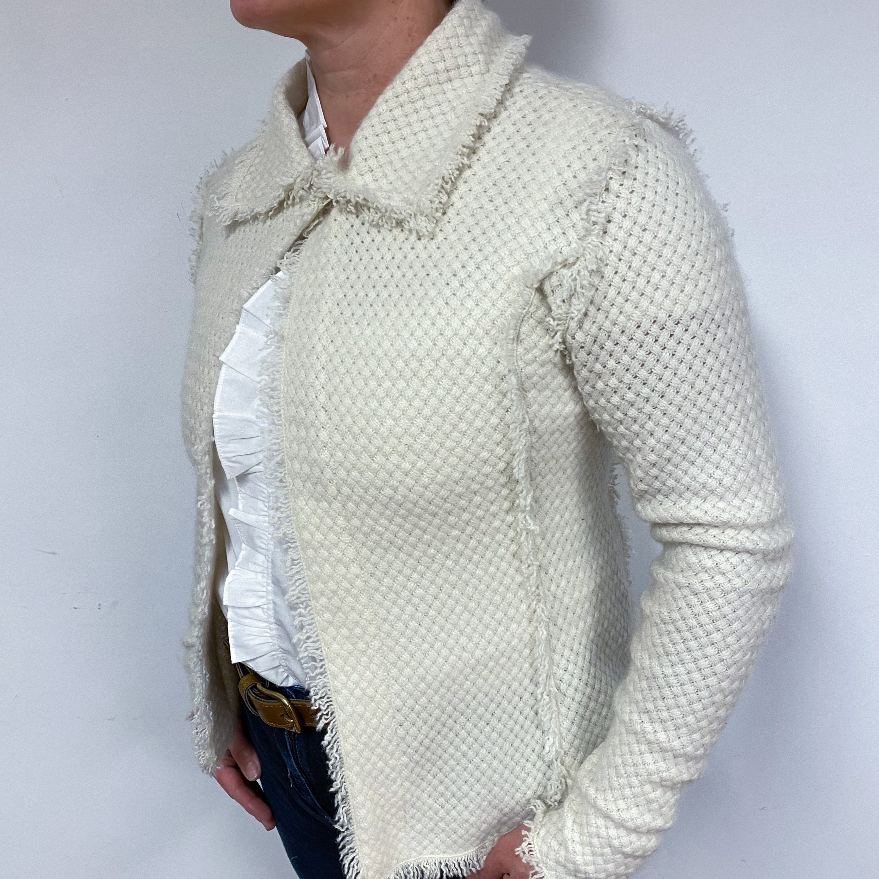 Cream Basket Weave Knit Cashmere Jacket Large