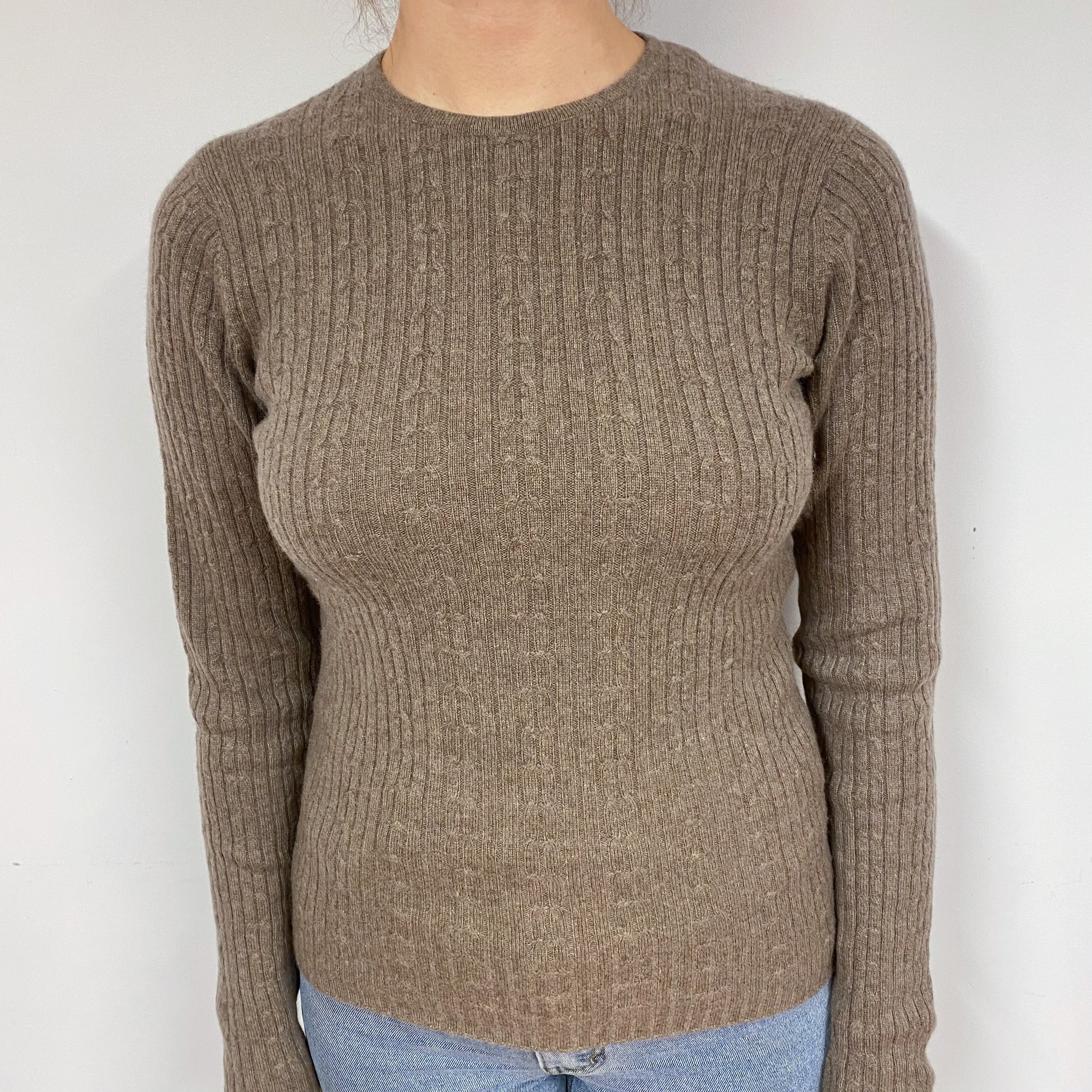 Mocha Brown Cable Cashmere Crew Neck Jumper Small