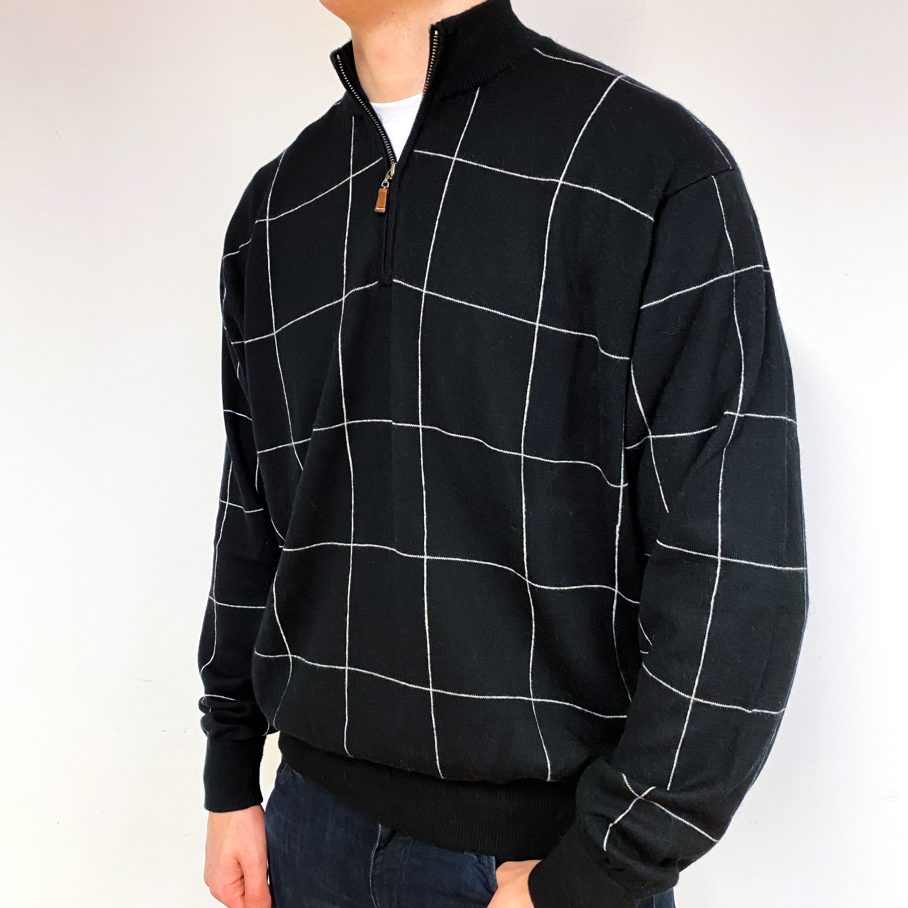 Men's Black Checked Cashmere 1/4 Zip Jumper Extra Extra Large