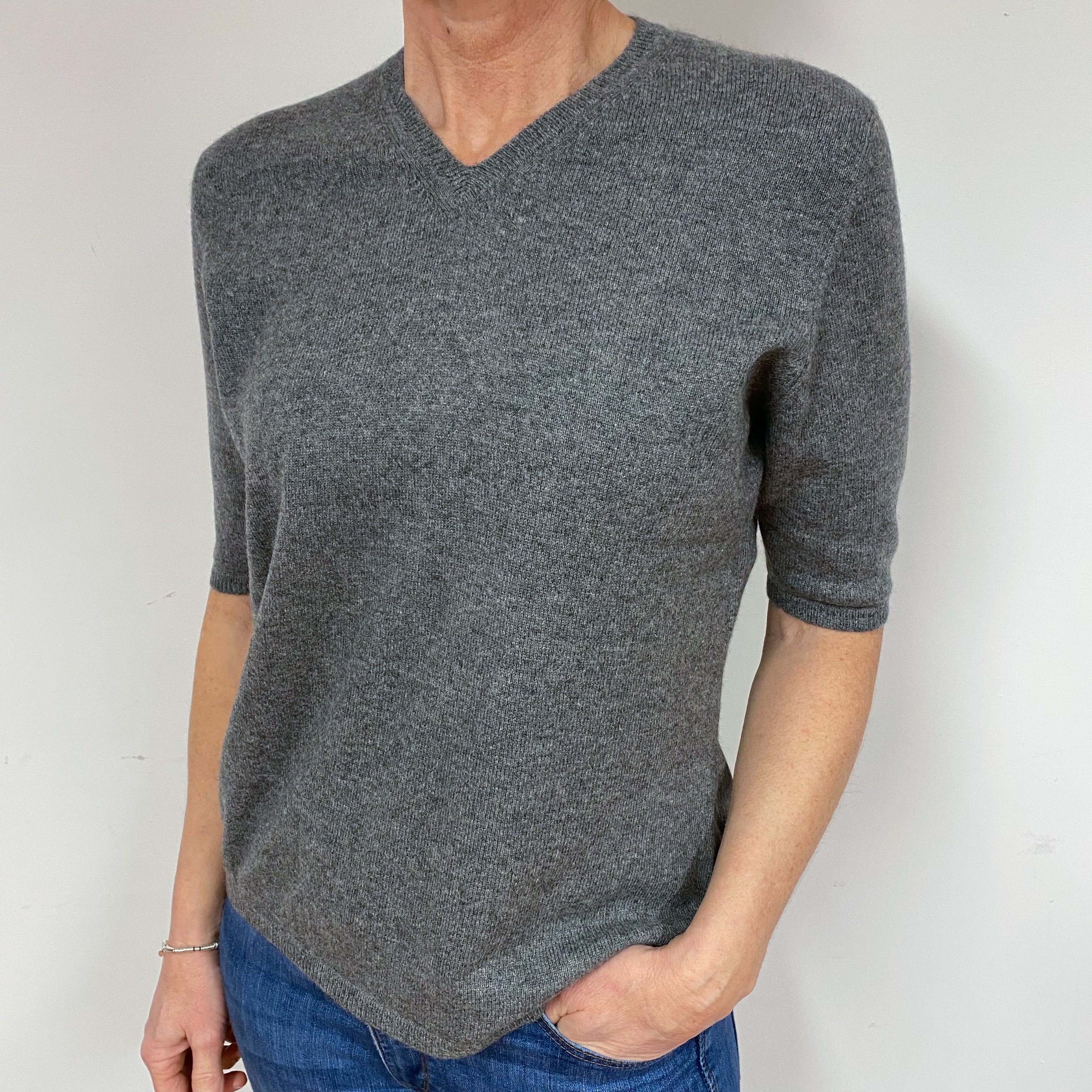 Steel Grey Cashmere 3/4 Sleeve V-Neck Jumper Medium