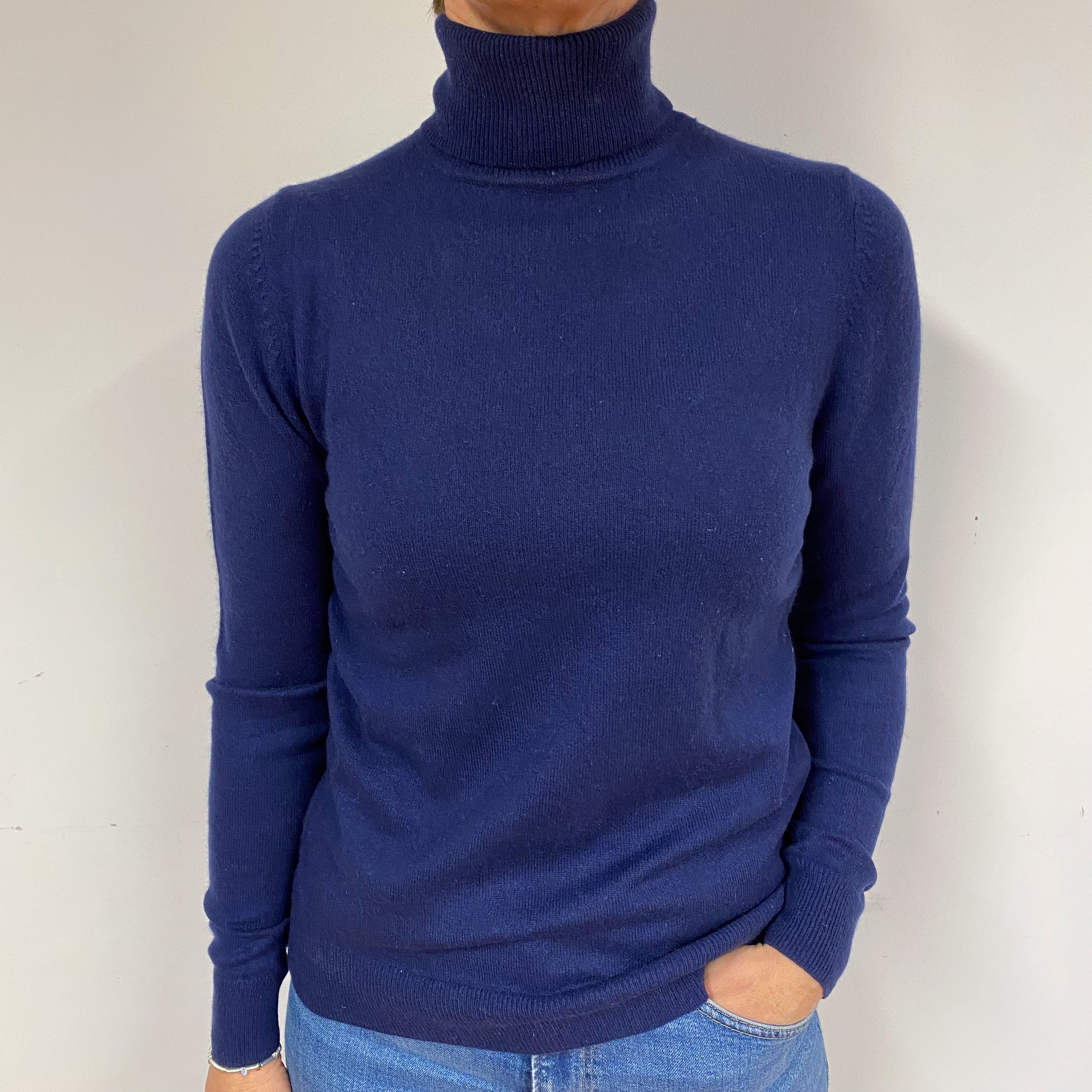 Navy Blue Cashmere Polo Neck Jumper Medium
