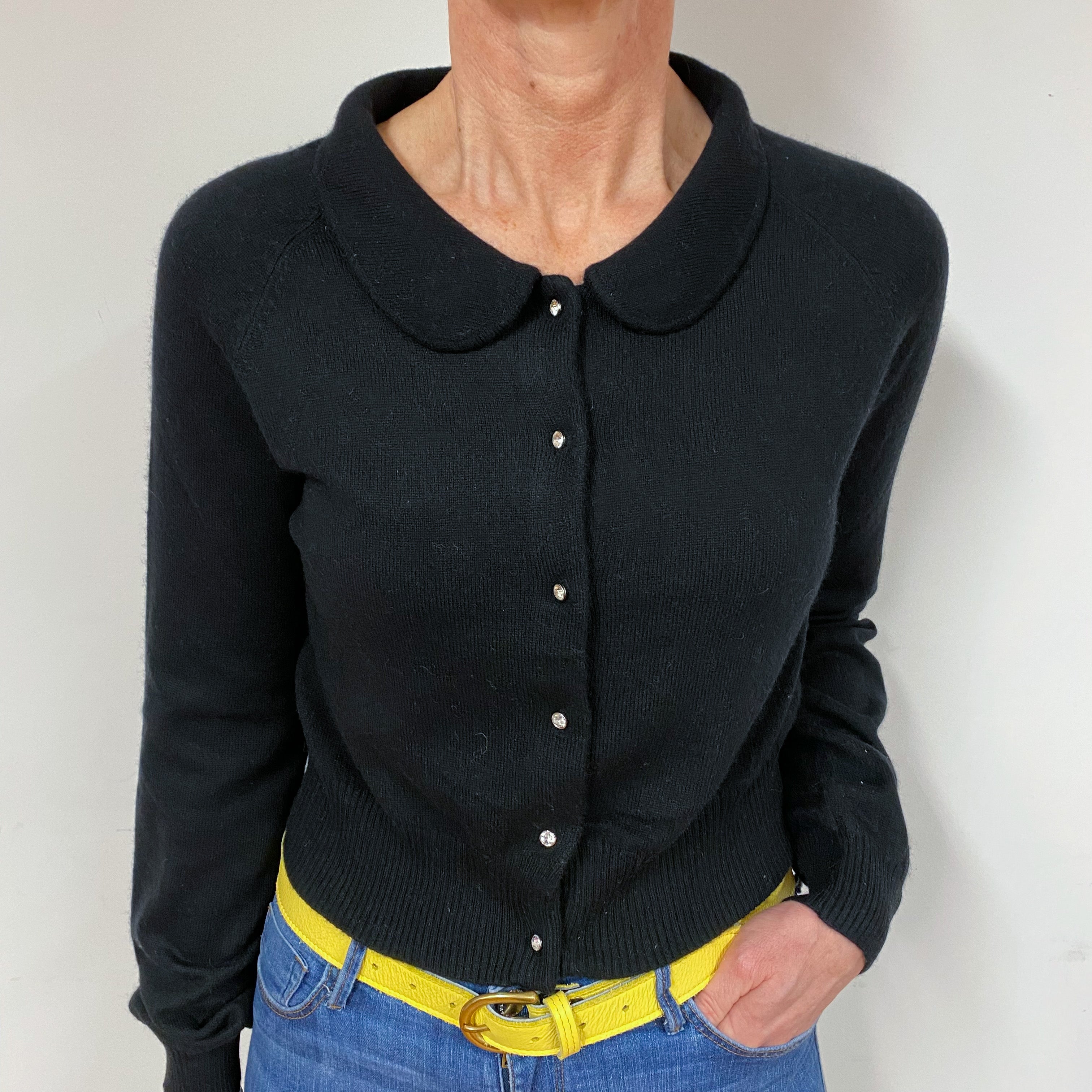 Black Diamanté Cashmere Collared Cardigan Medium