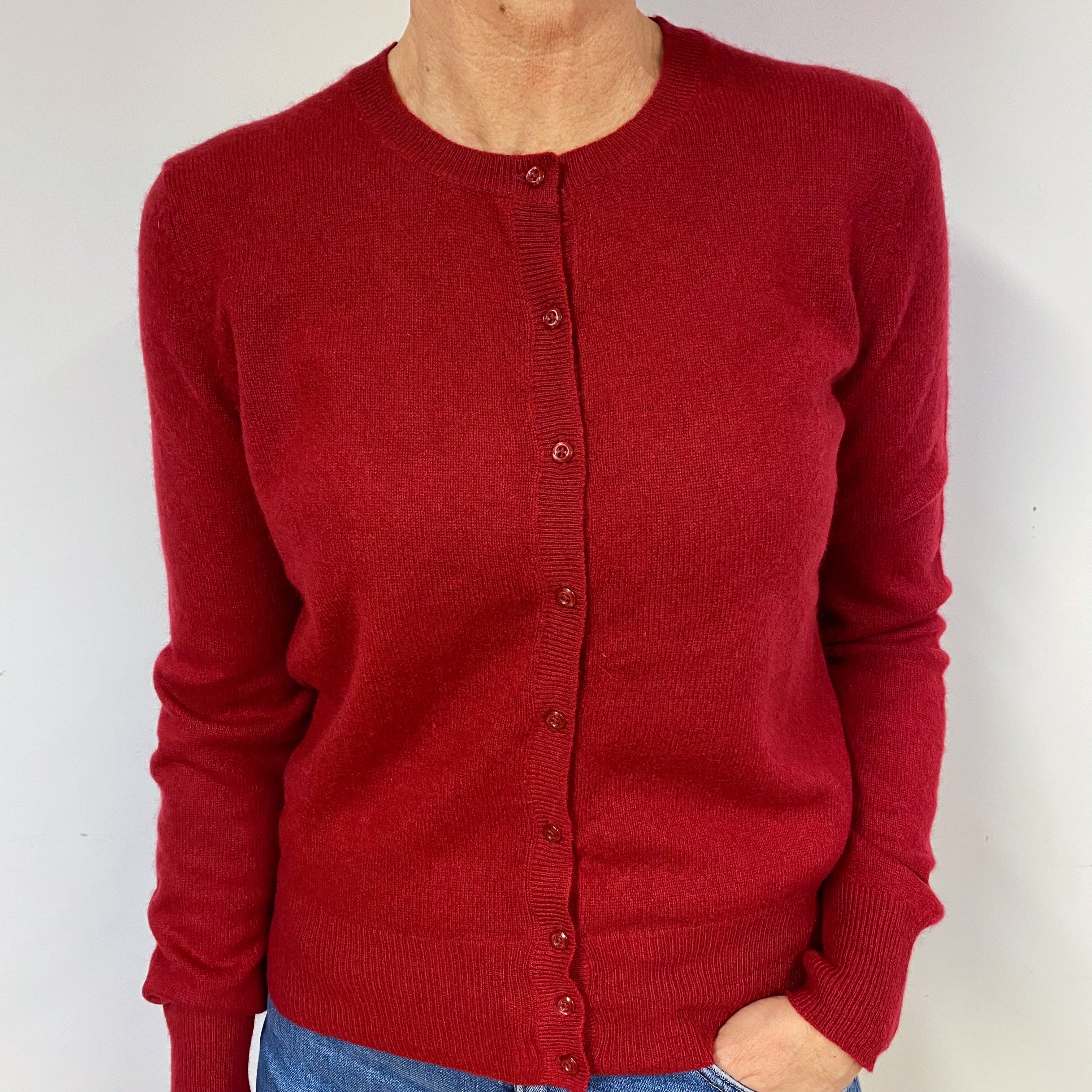 Crimson Red Cashmere Crew Neck Cardigan Medium