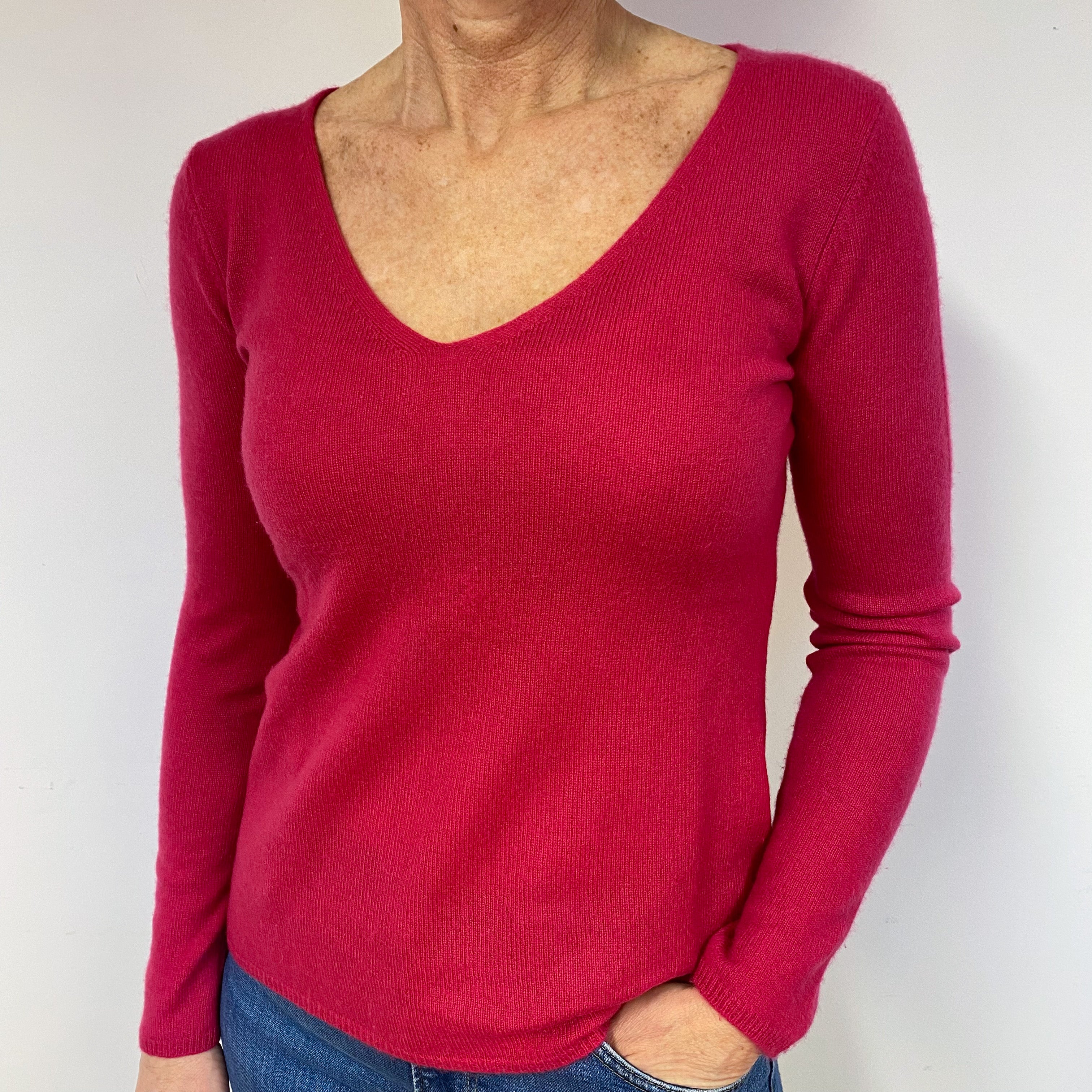 Fuchsia Pink Cashmere V-Neck Jumper Medium