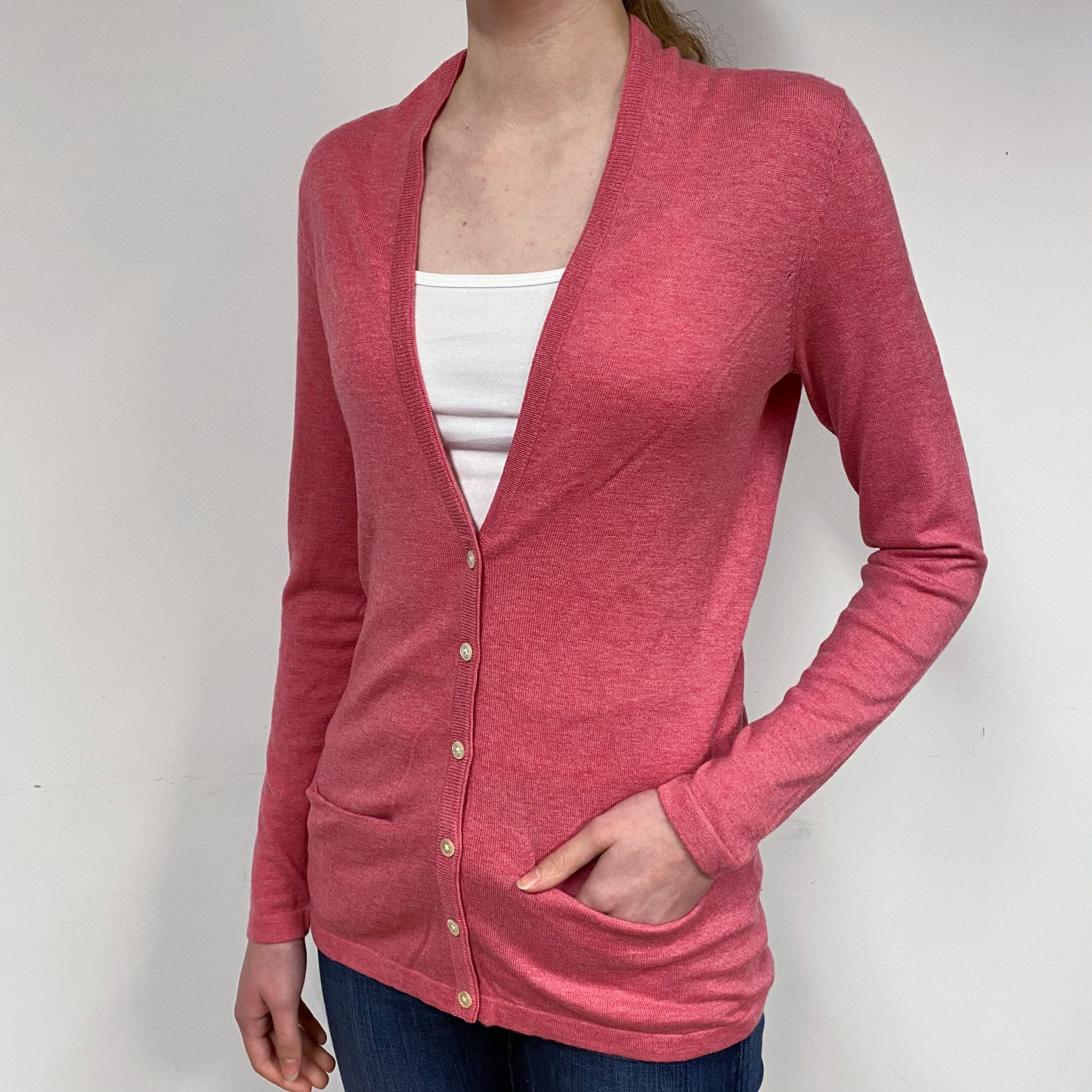 Deep Coral Pink Cashmere V-Neck Cardigan Extra Small