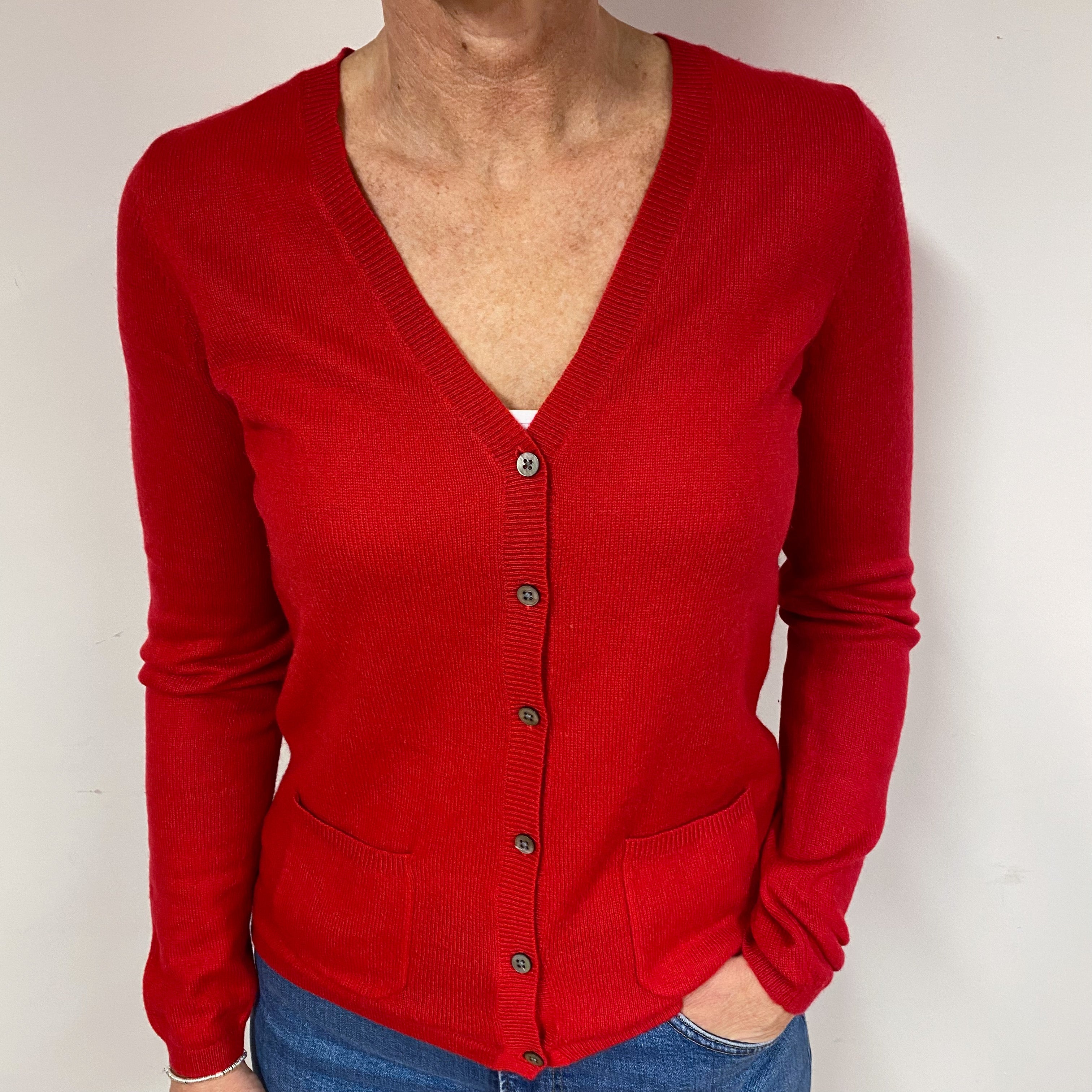 Post Box Red Cashmere V-Neck Cardigan Medium
