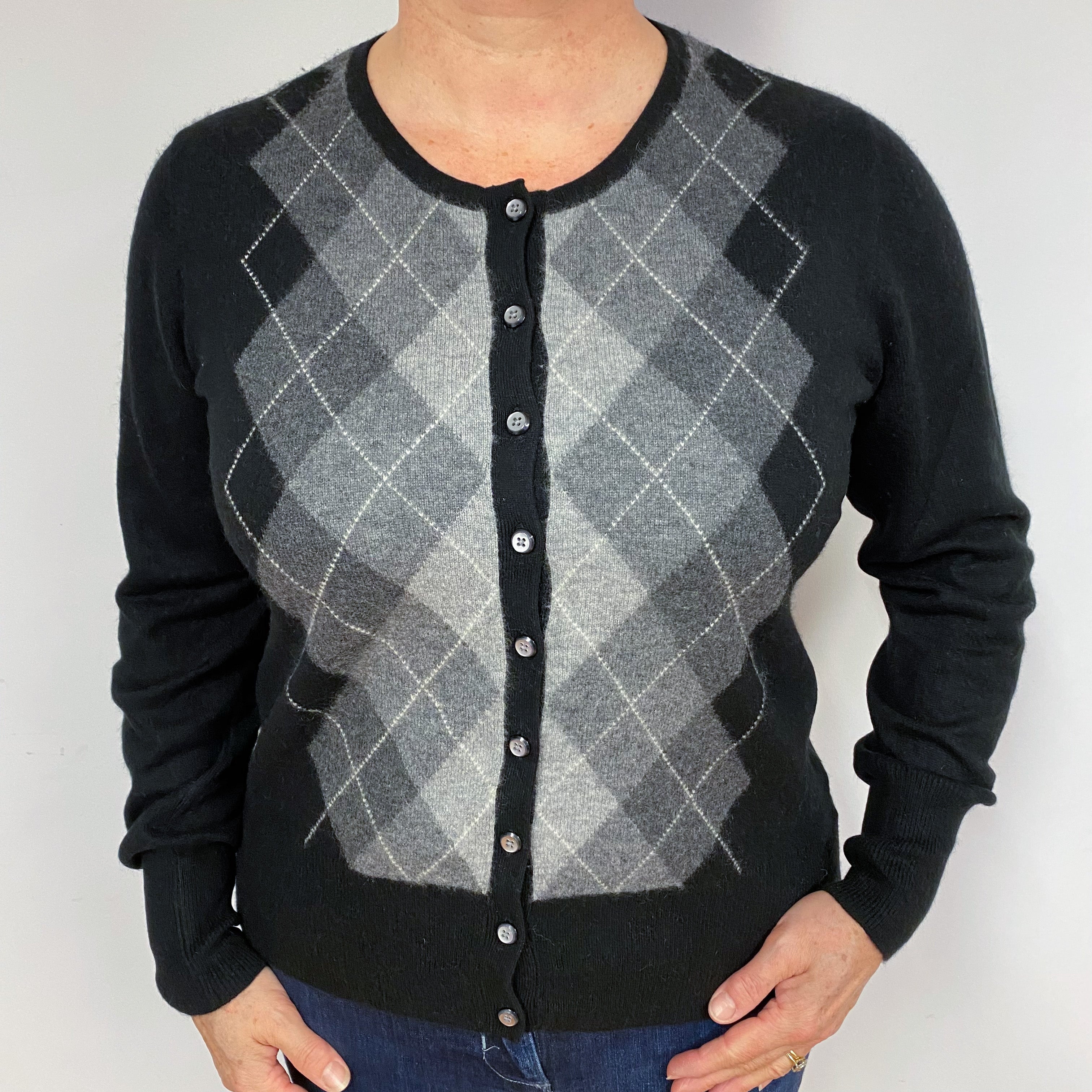 Black and Grey Diamond Cashmere Crew Neck Cardigan Large