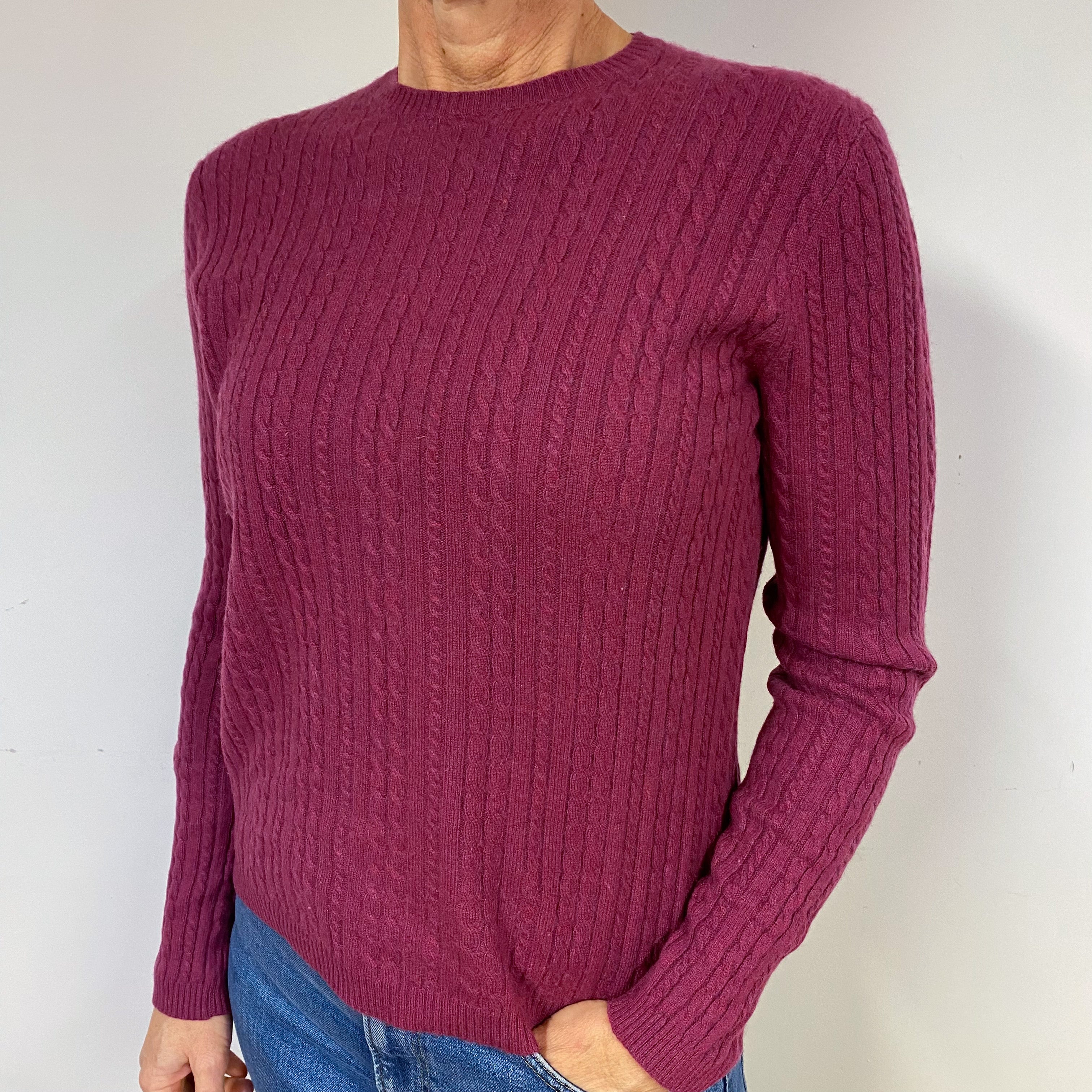 Plum Pink Cable Cashmere Crew Neck Jumper Medium
