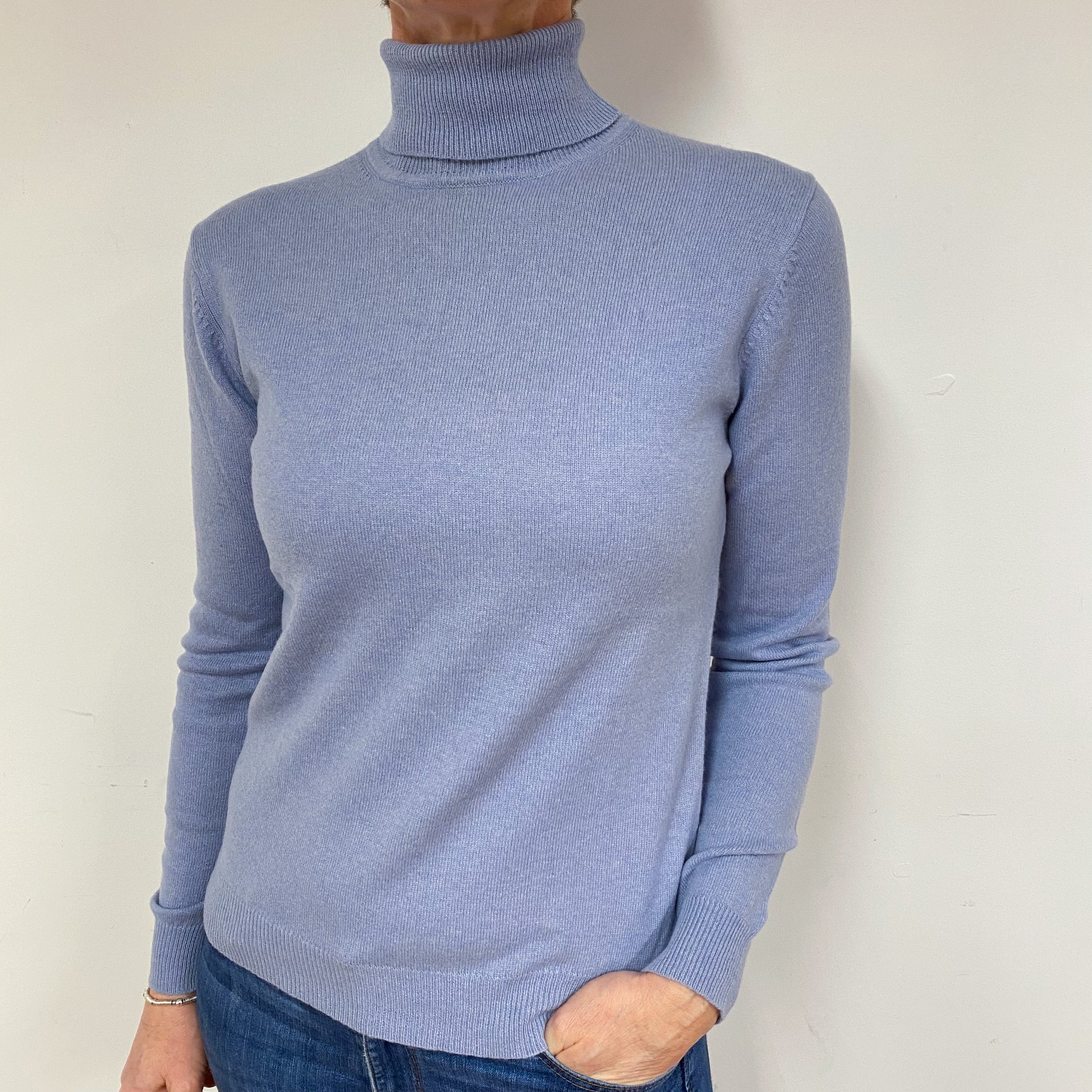 Pale Blue Purple Cashmere Polo Neck Jumper Medium