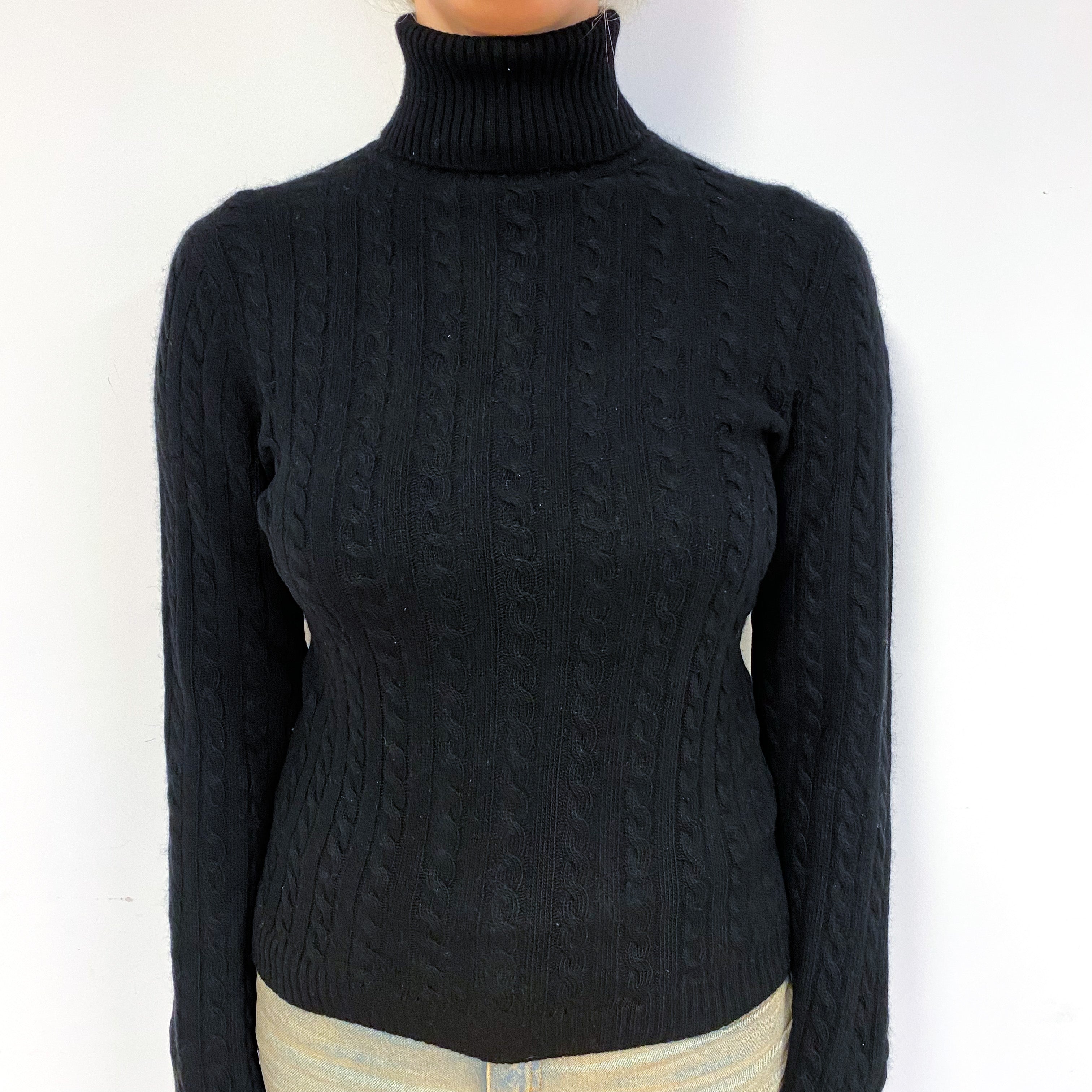 Black Cable Cashmere Polo Neck Jumper Small