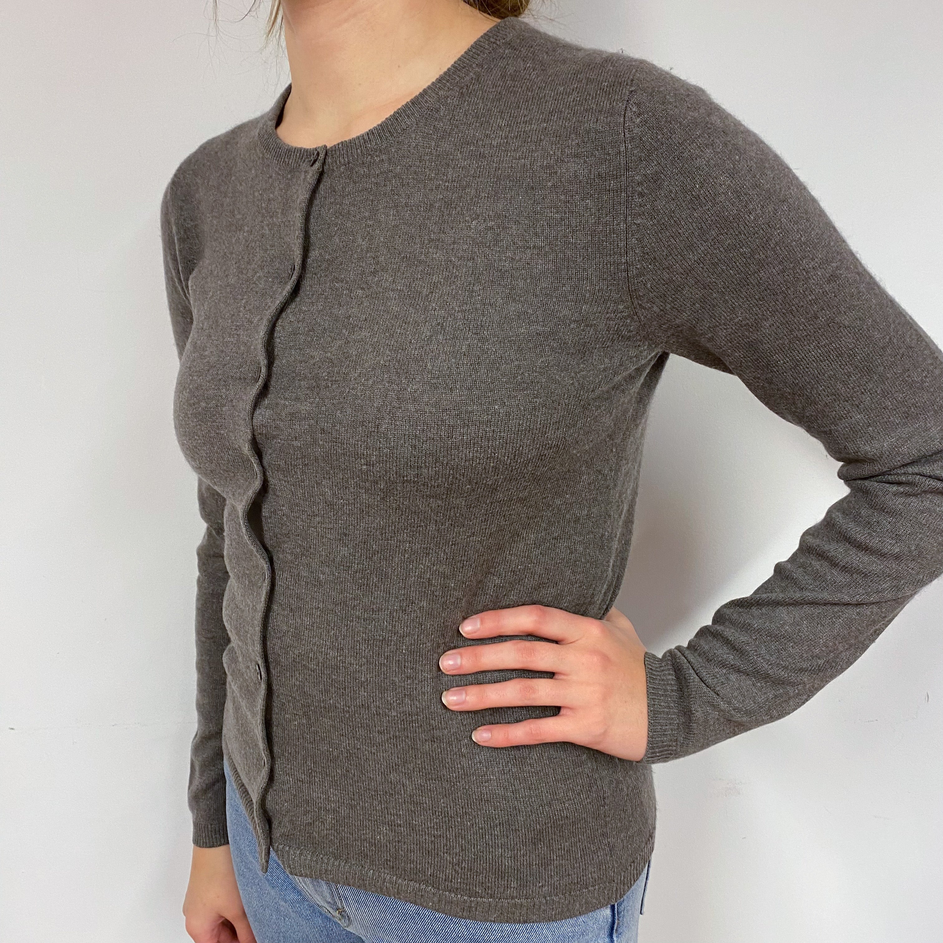 Muted Brown Cashmere Crew Neck Cardigan Small