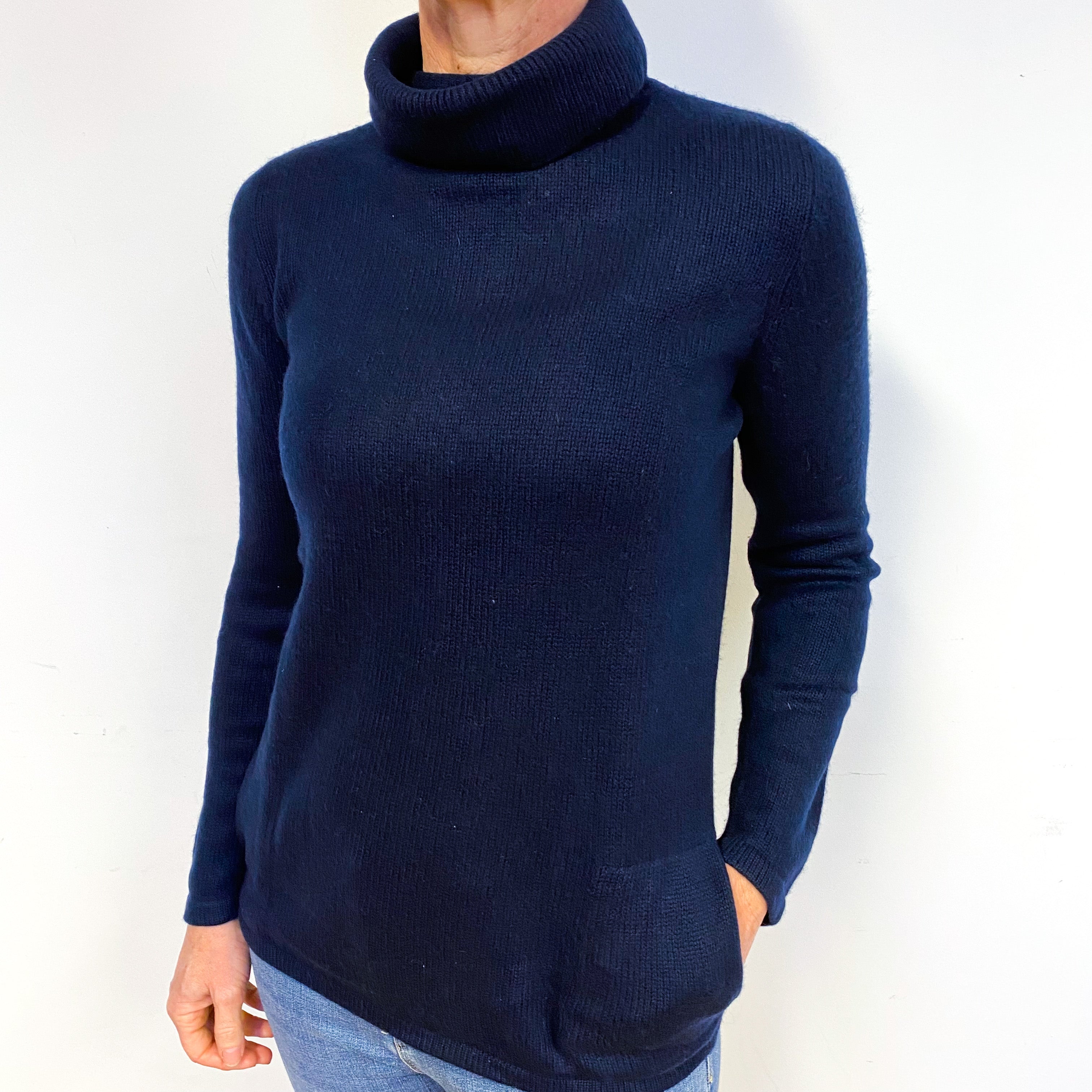Navy Blue Cashmere Polo Neck Jumper Medium