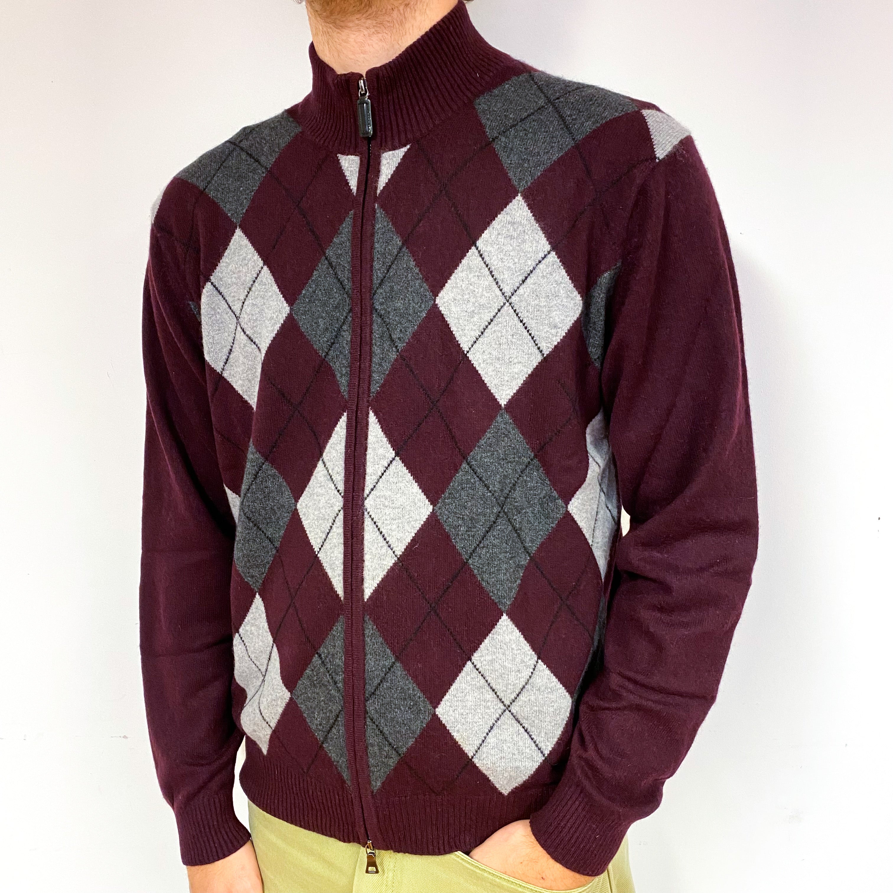 Men's Mulberry Purple Argyle Cashmere Zip Front Cardigan Large