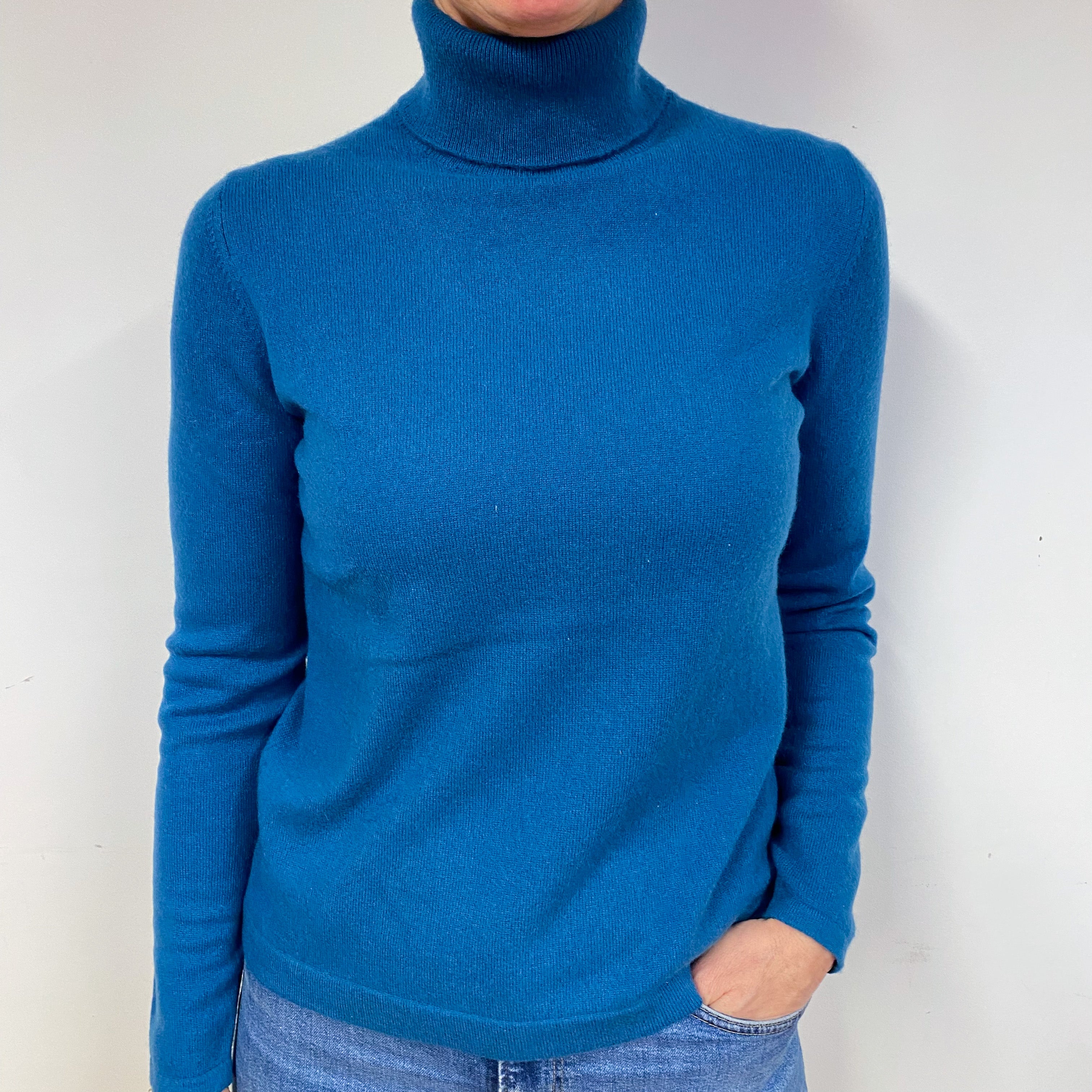 Petrol Blue Cashmere Polo Neck Jumper Medium