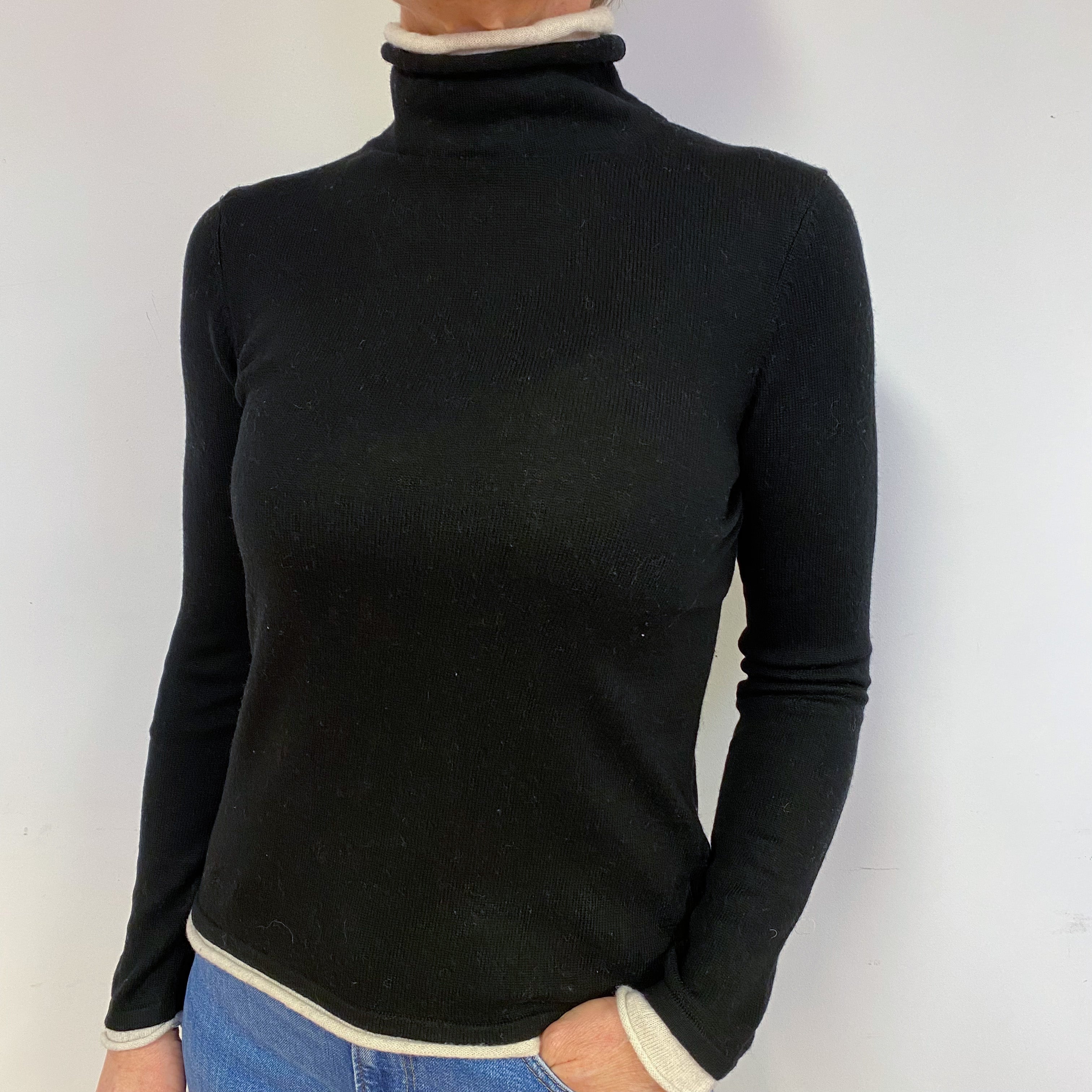 Black Ivory Trim Cashmere Turtle Neck Jumper Medium