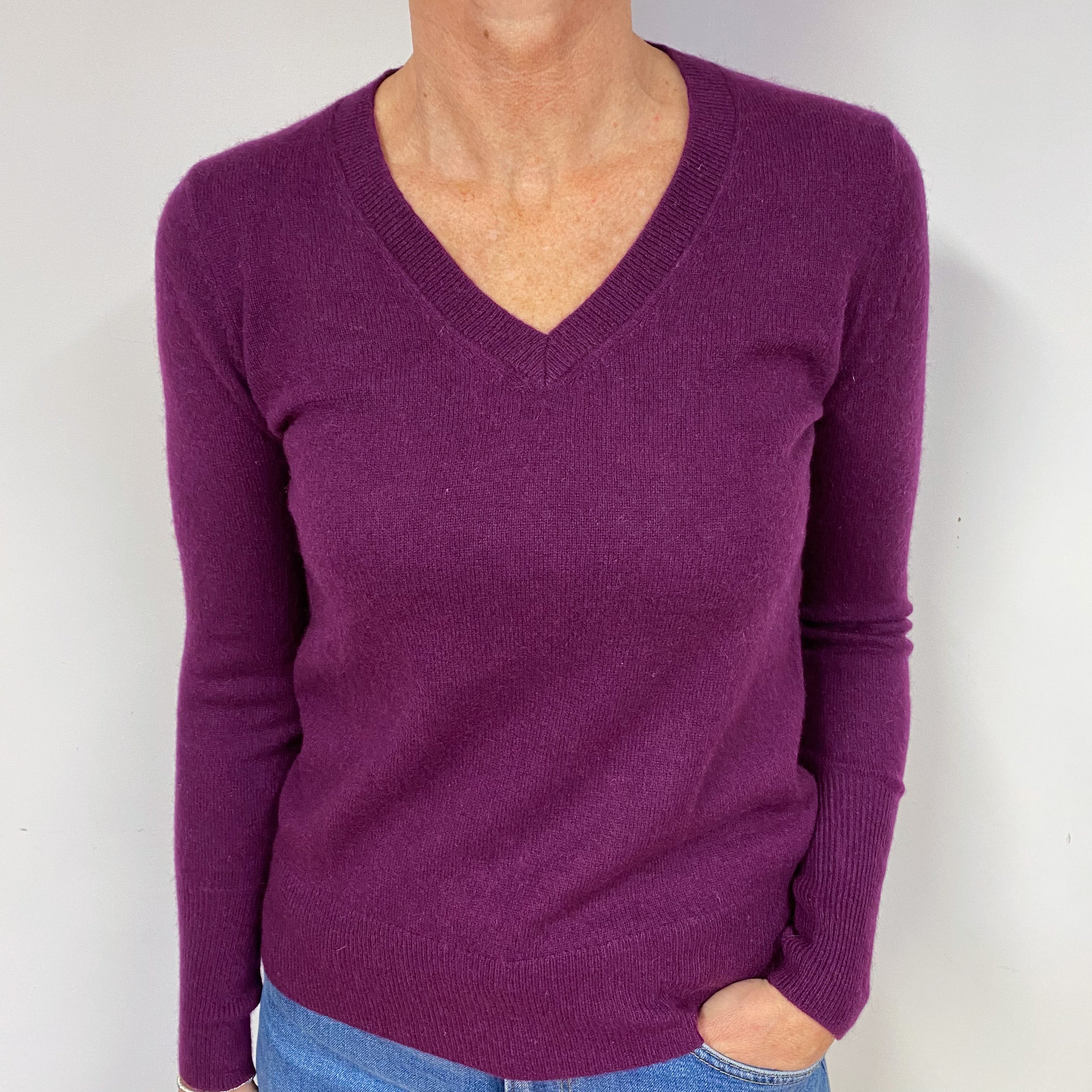 Plum Purple Cashmere V-Neck Jumper Medium