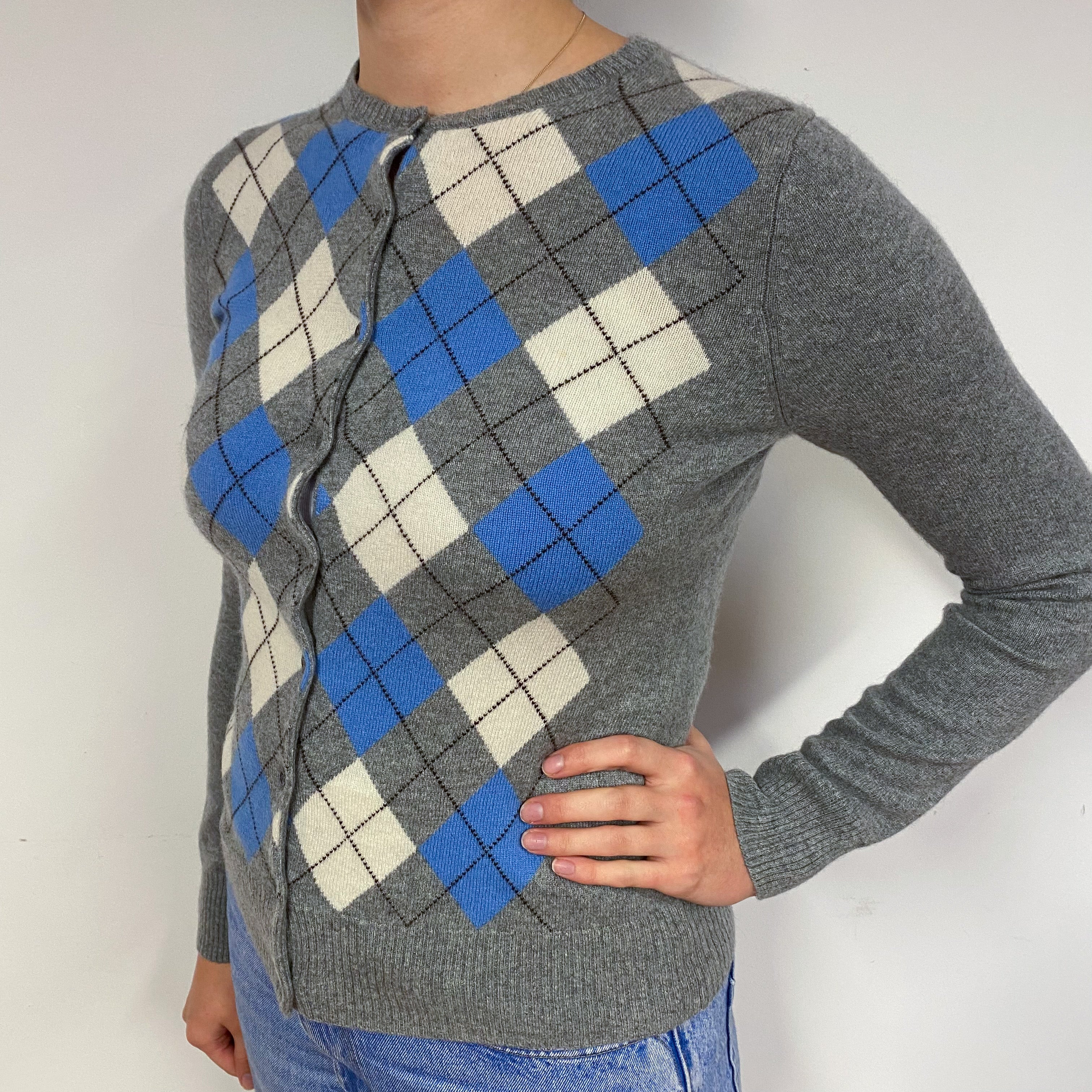 Grey Diamond Cashmere Crew Neck Cardigan Small
