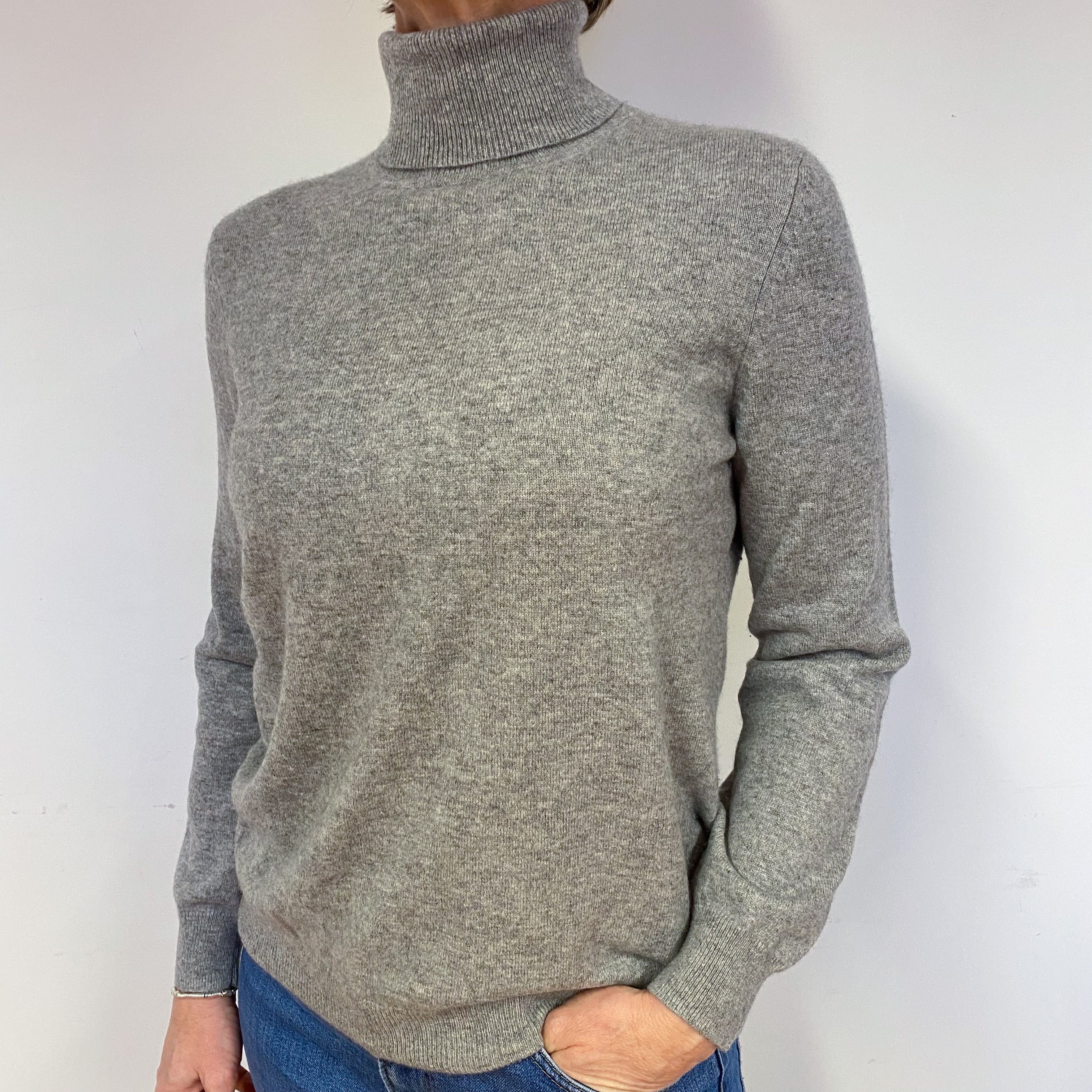 Ash Grey Cashmere Polo Neck Jumper Medium