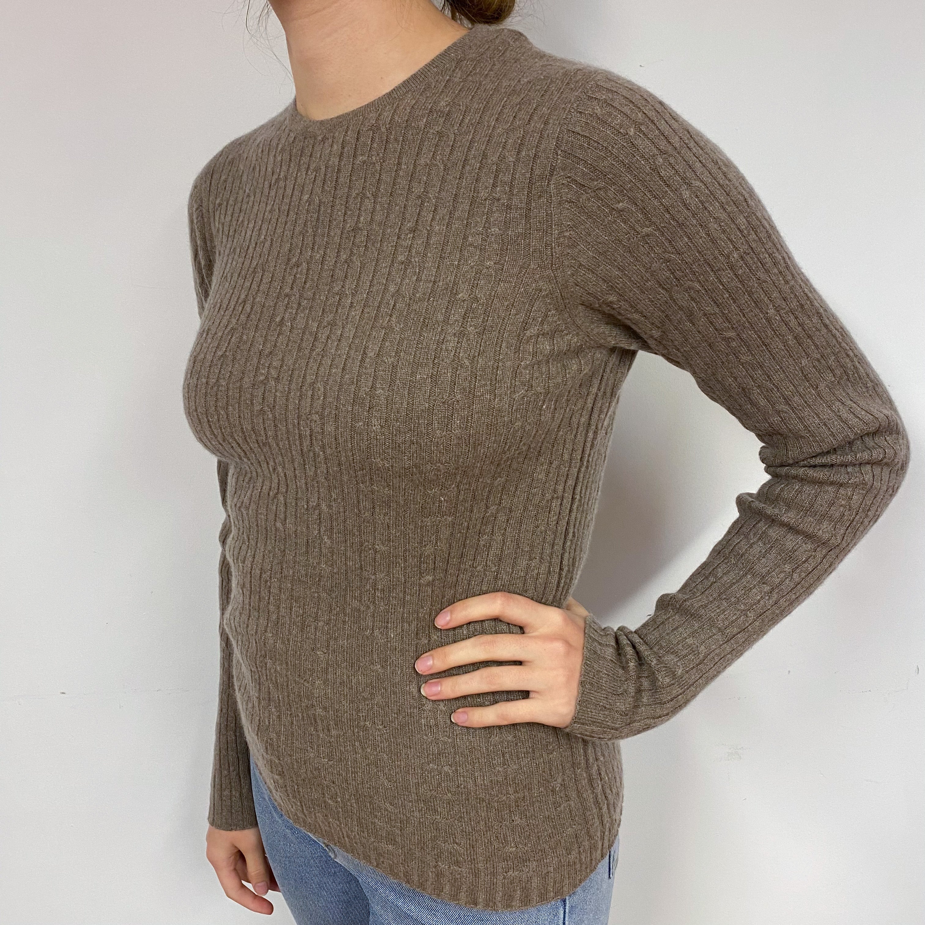 Mocha Brown Cable Cashmere Crew Neck Jumper Small