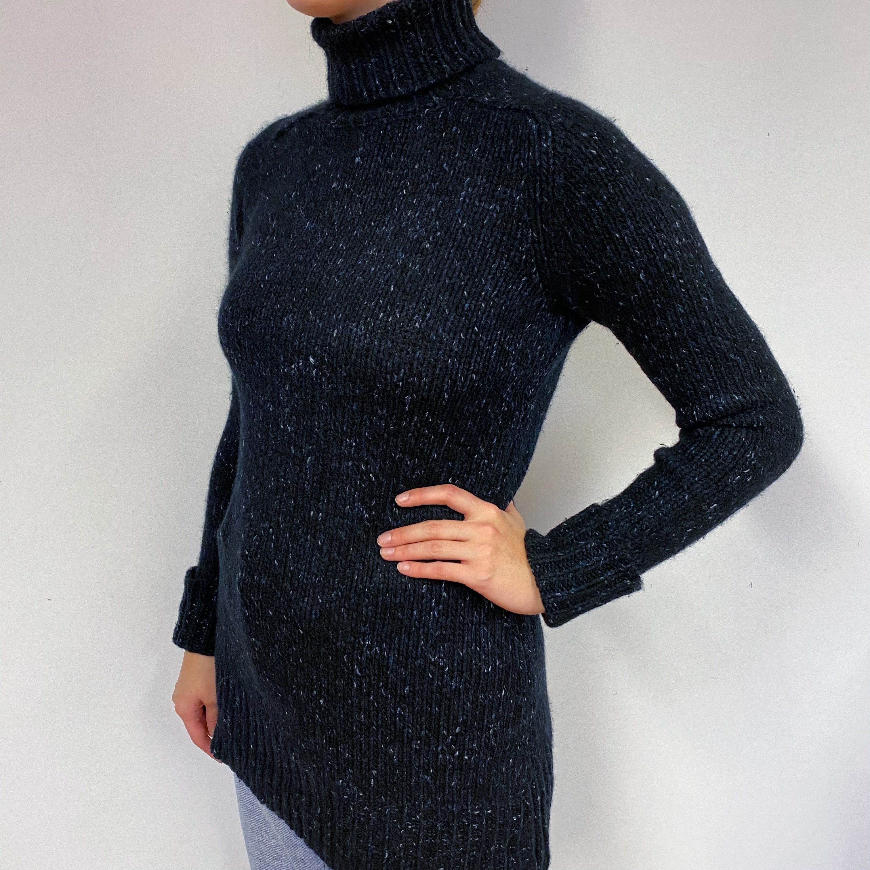 Chunky Black Marl Cashmere Polo Neck Jumper Small