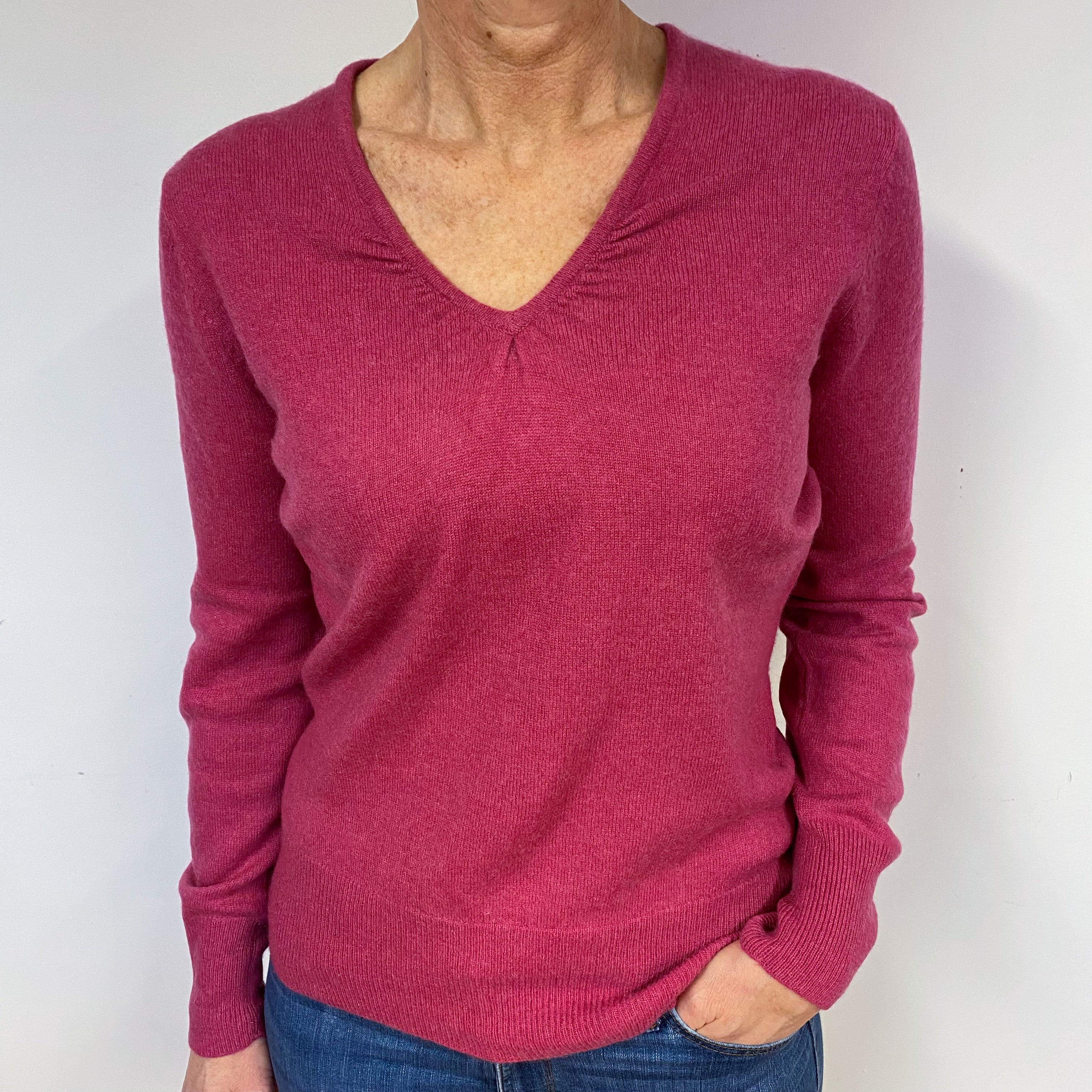 Raspberry Pink Ruched Cashmere V-Neck Jumper Medium