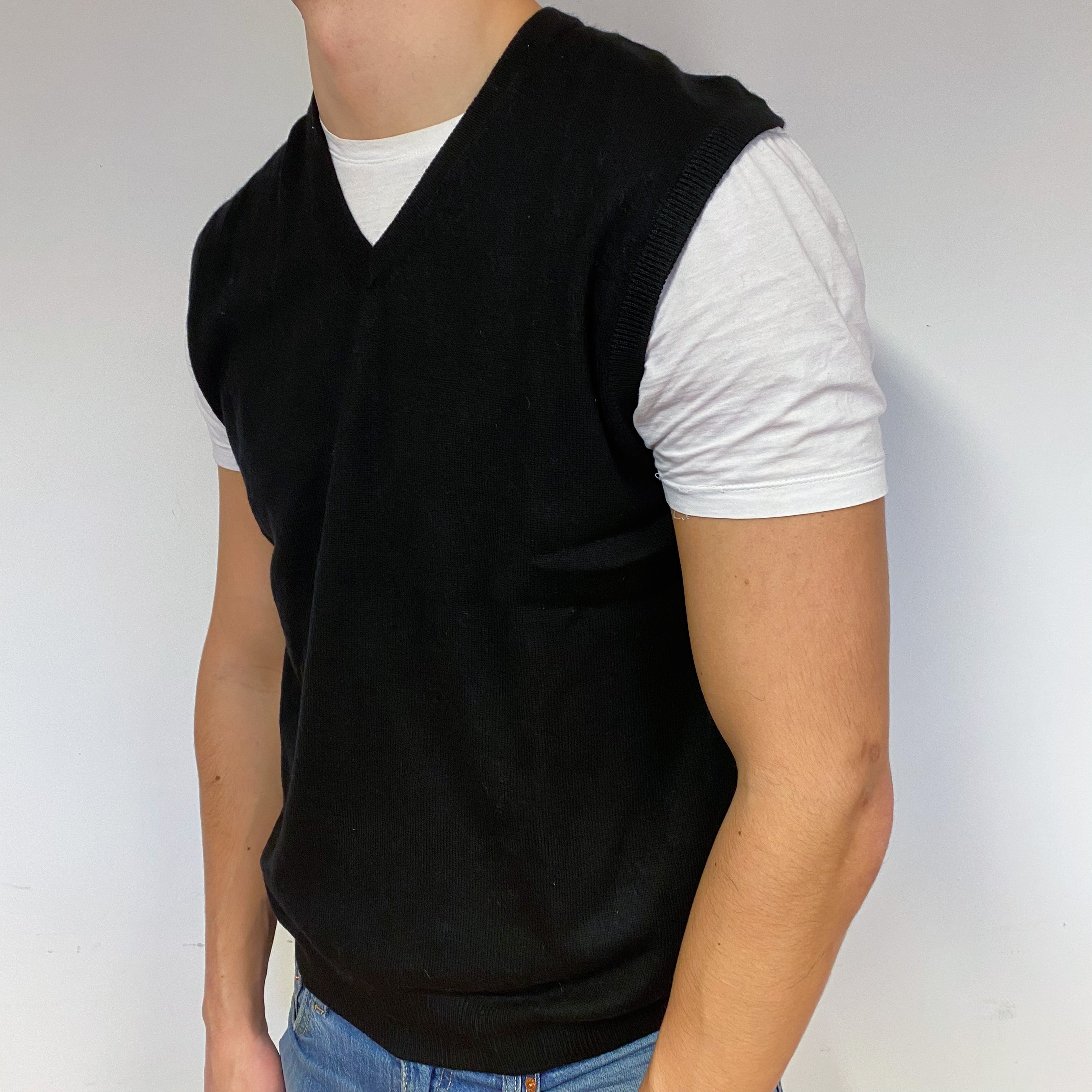 Men's Black Cashmere V-Neck Tank Top Extra Large