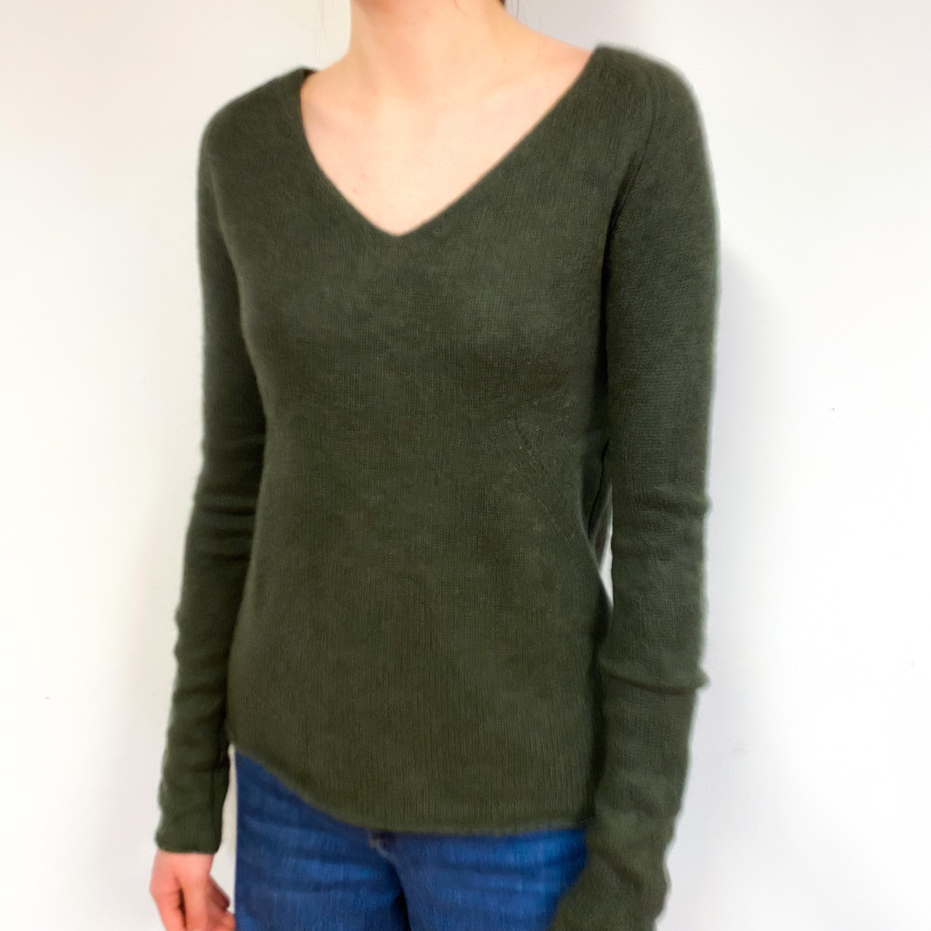 Seaweed Green Cashmere V-Neck Jumper Extra Small