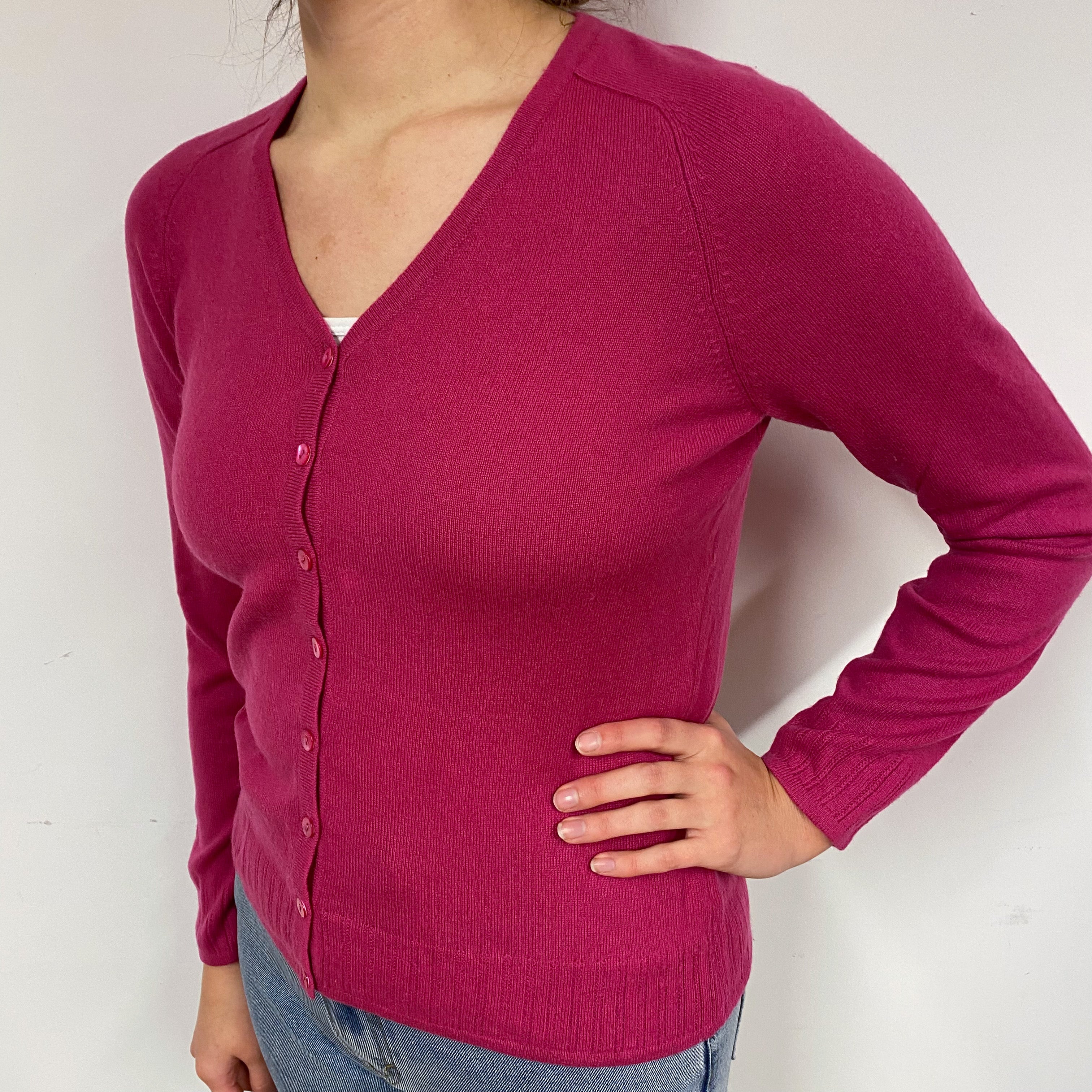 Fuchsia Pink Cashmere V-Neck Cardigan Small