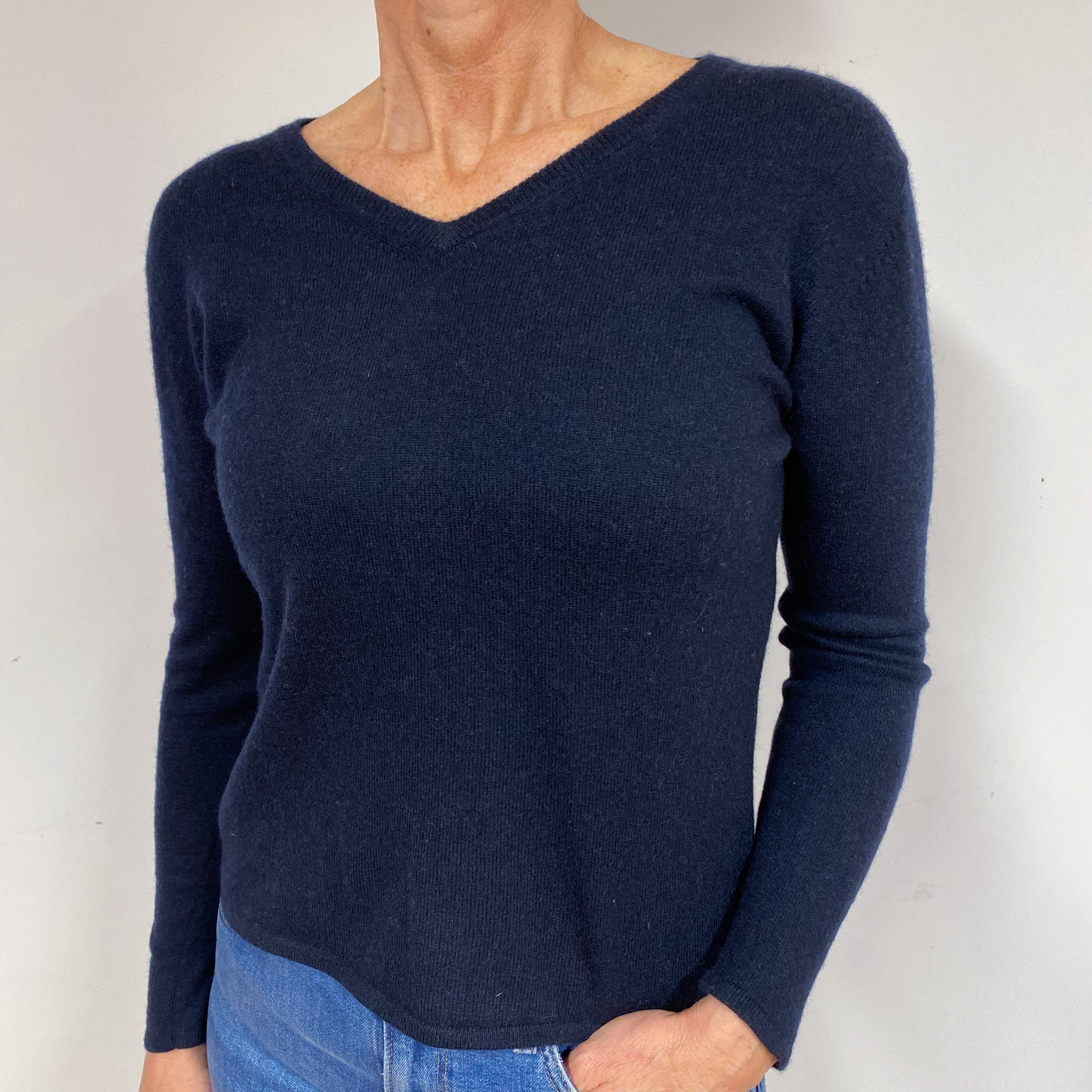 Navy Blue Cashmere V-Neck Jumper Medium