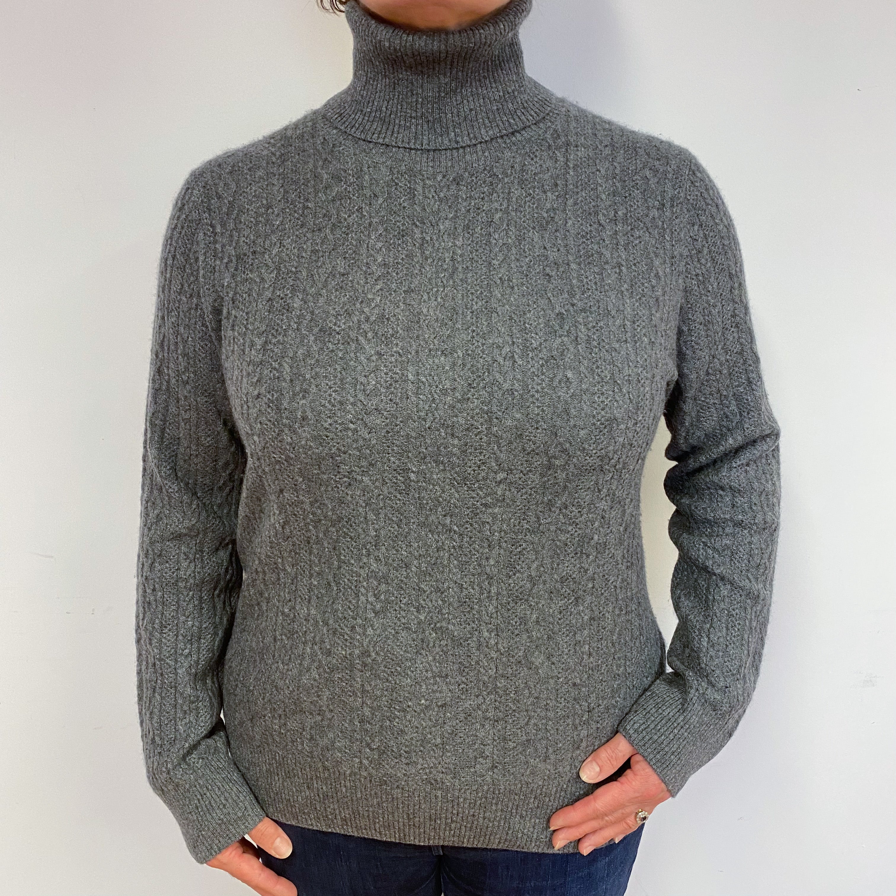 Slate Grey Cable Cashmere Polo Neck Jumper Large