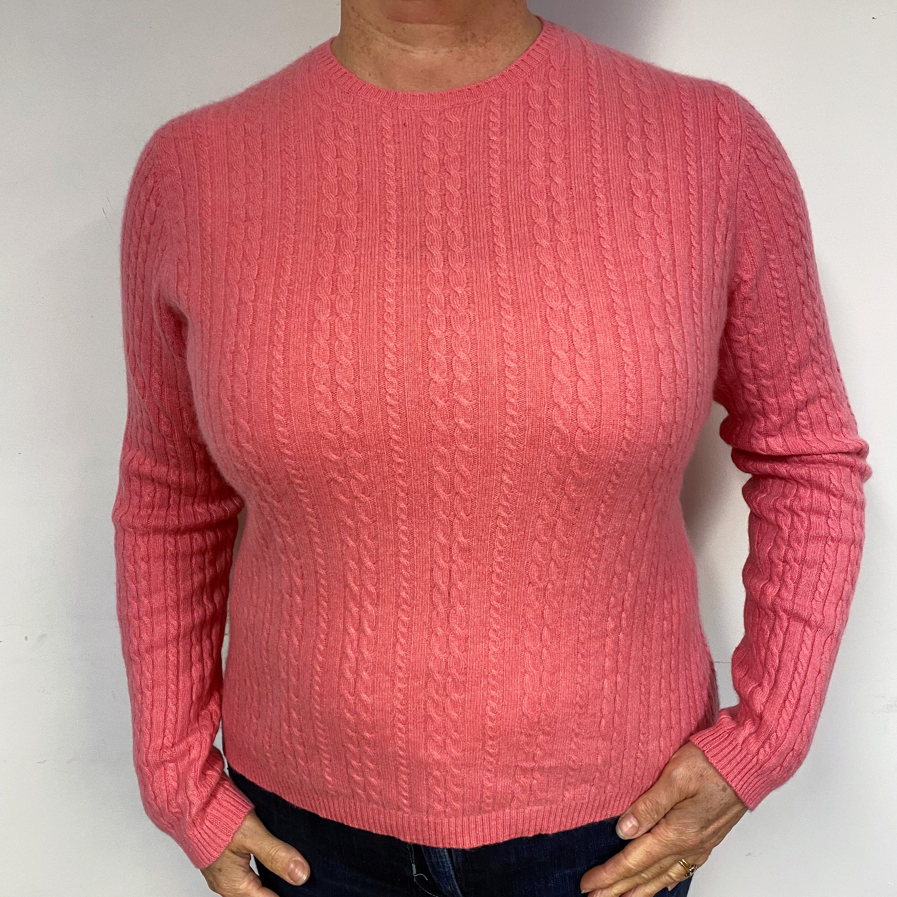 Coral Pink Cable Knit Cashmere Crew Neck Jumper Large