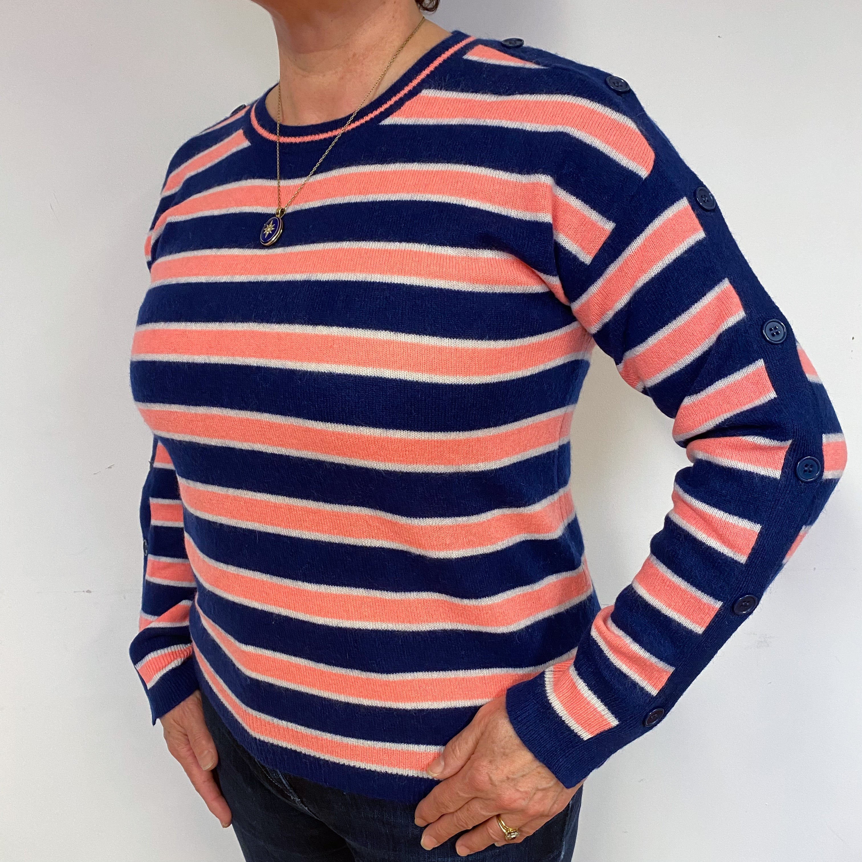 Navy Orange Stripe Cashmere Crew Neck Jumper Large