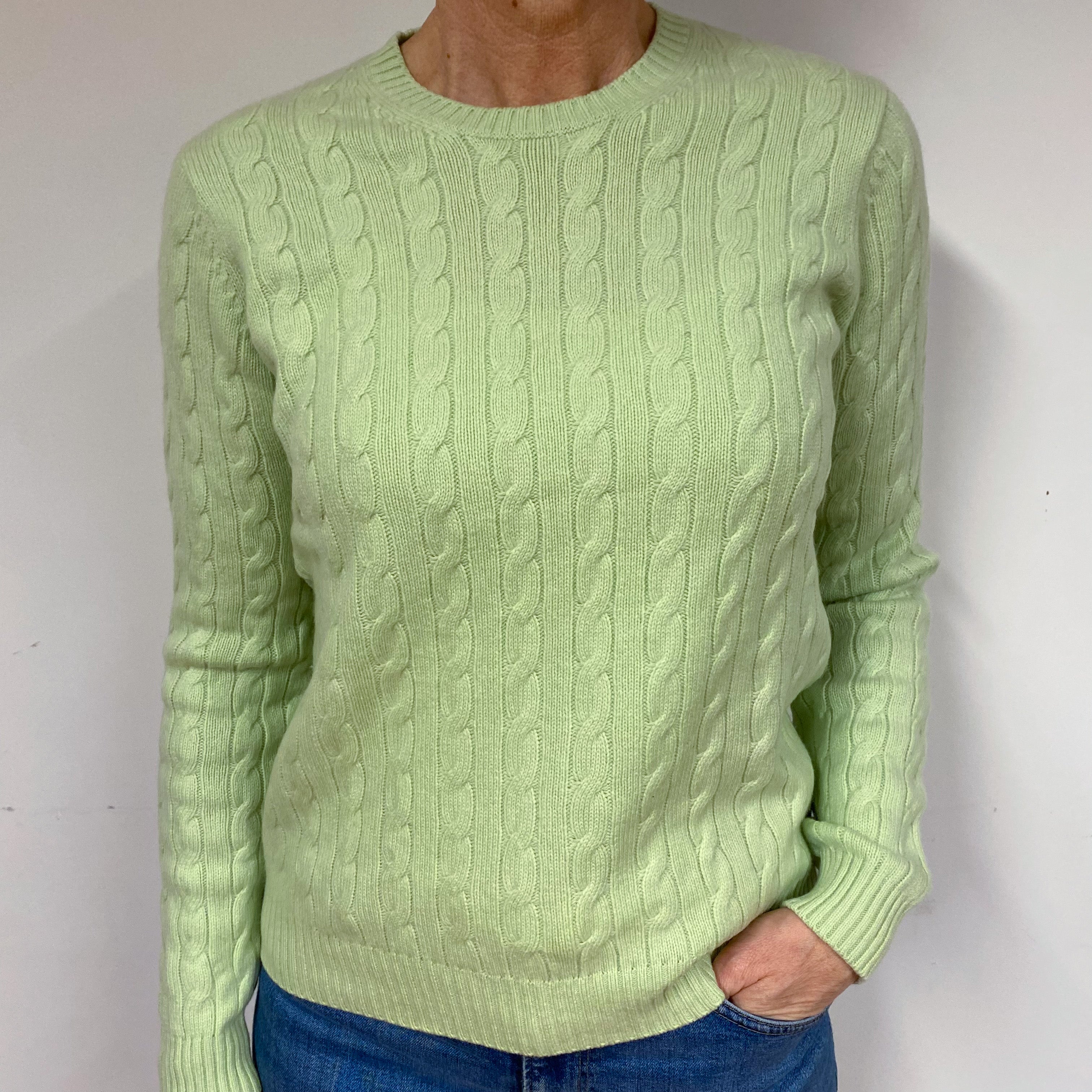 Soft Green Cable Cashmere Crew Neck Jumper Medium