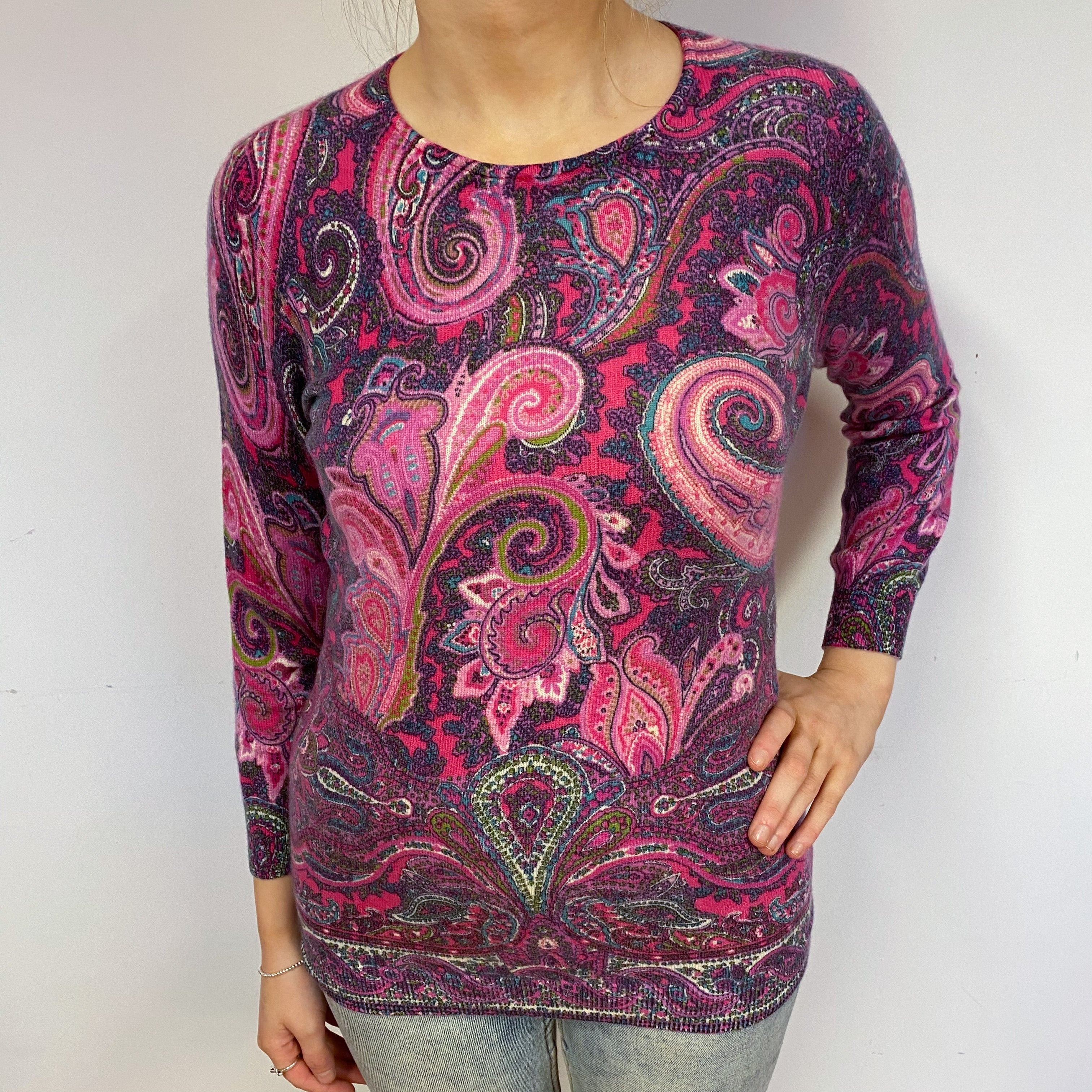 Pink Paisley Cashmere Crew Neck Jumper Small