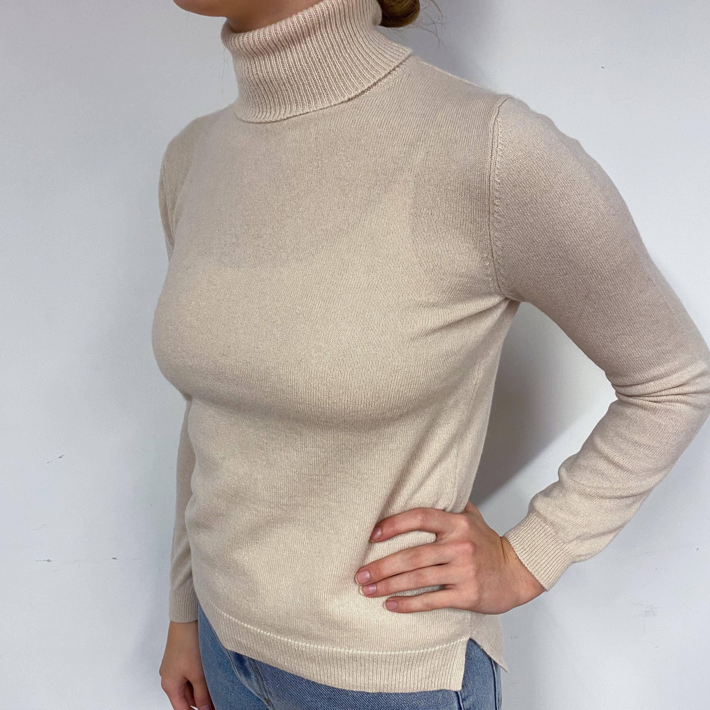 Soft Beige Cashmere Polo Neck Jumper Small