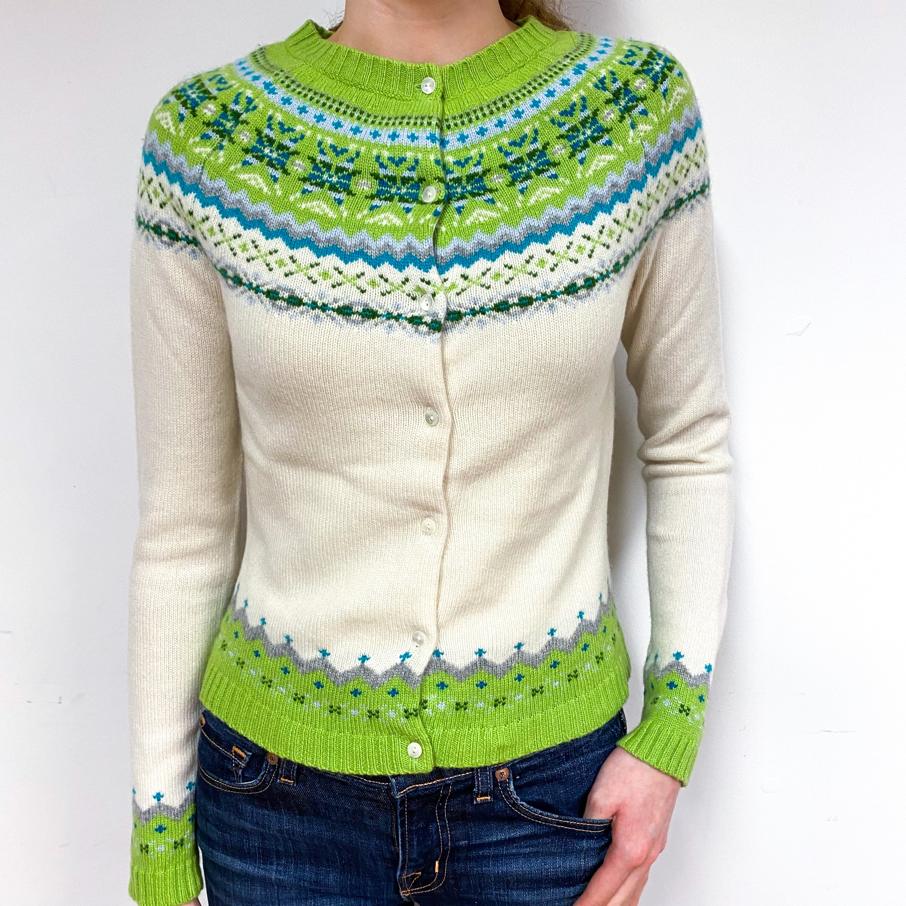 Cream and Green Cashmere Fair Isle Cardigan Extra Small