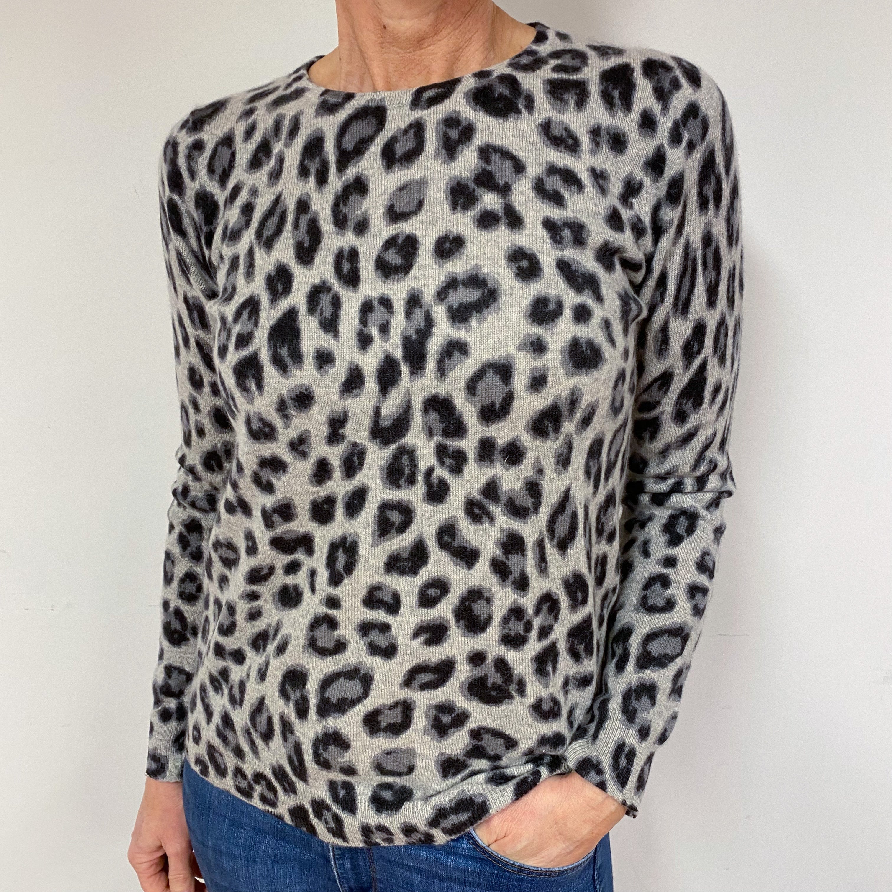 Grey Leopard Cashmere Crew Neck Jumper Medium